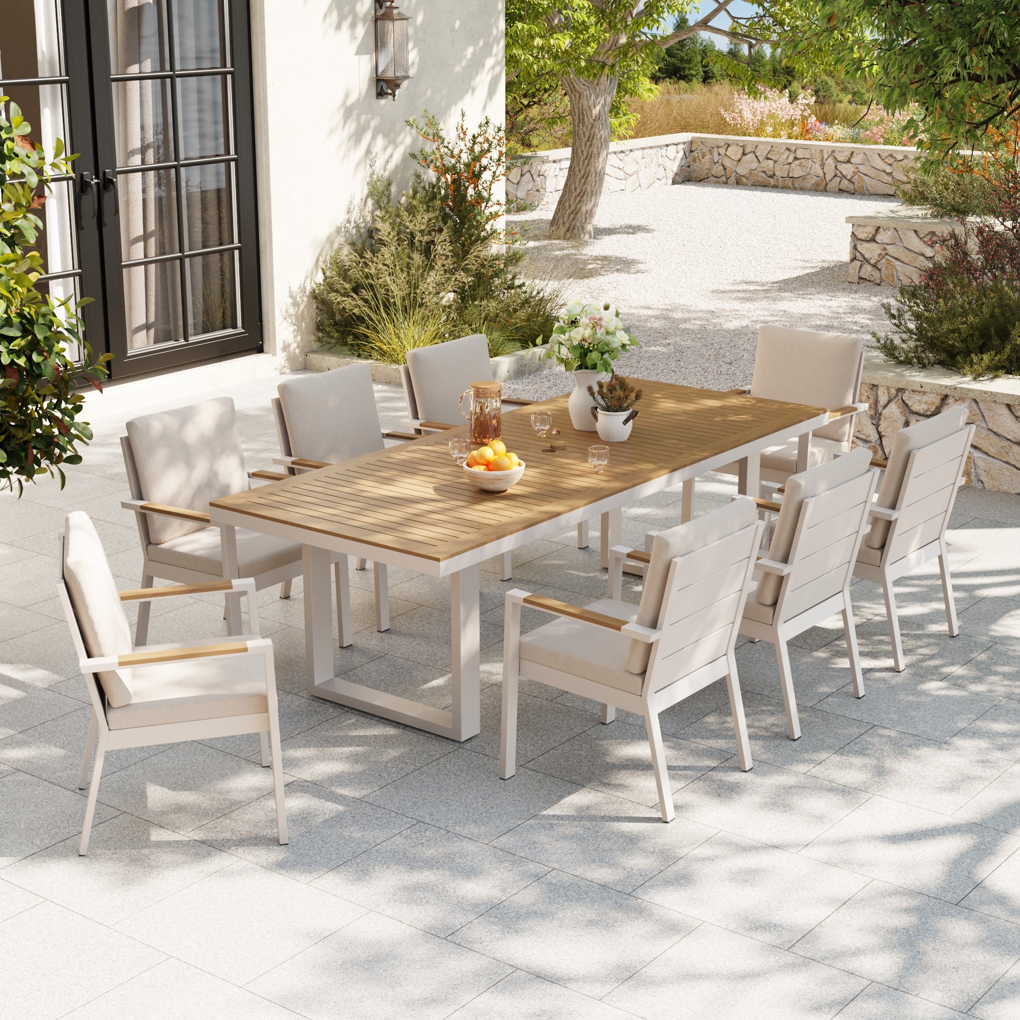 white aluminum patio dining set for 8 with umbrella hole, wood tabletop and wood armrest, white cushions - Jardina Premium Modern Outdoor Dining Furniture#Style_8 Chairs + 1 Table