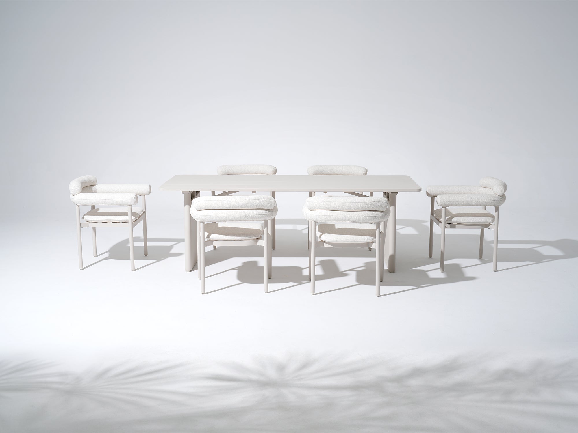 Oyster‑White Aluminum Outdoor Dining Set for 6-8 People, Boucle Upholstered Dining Chairs, 86.6"
