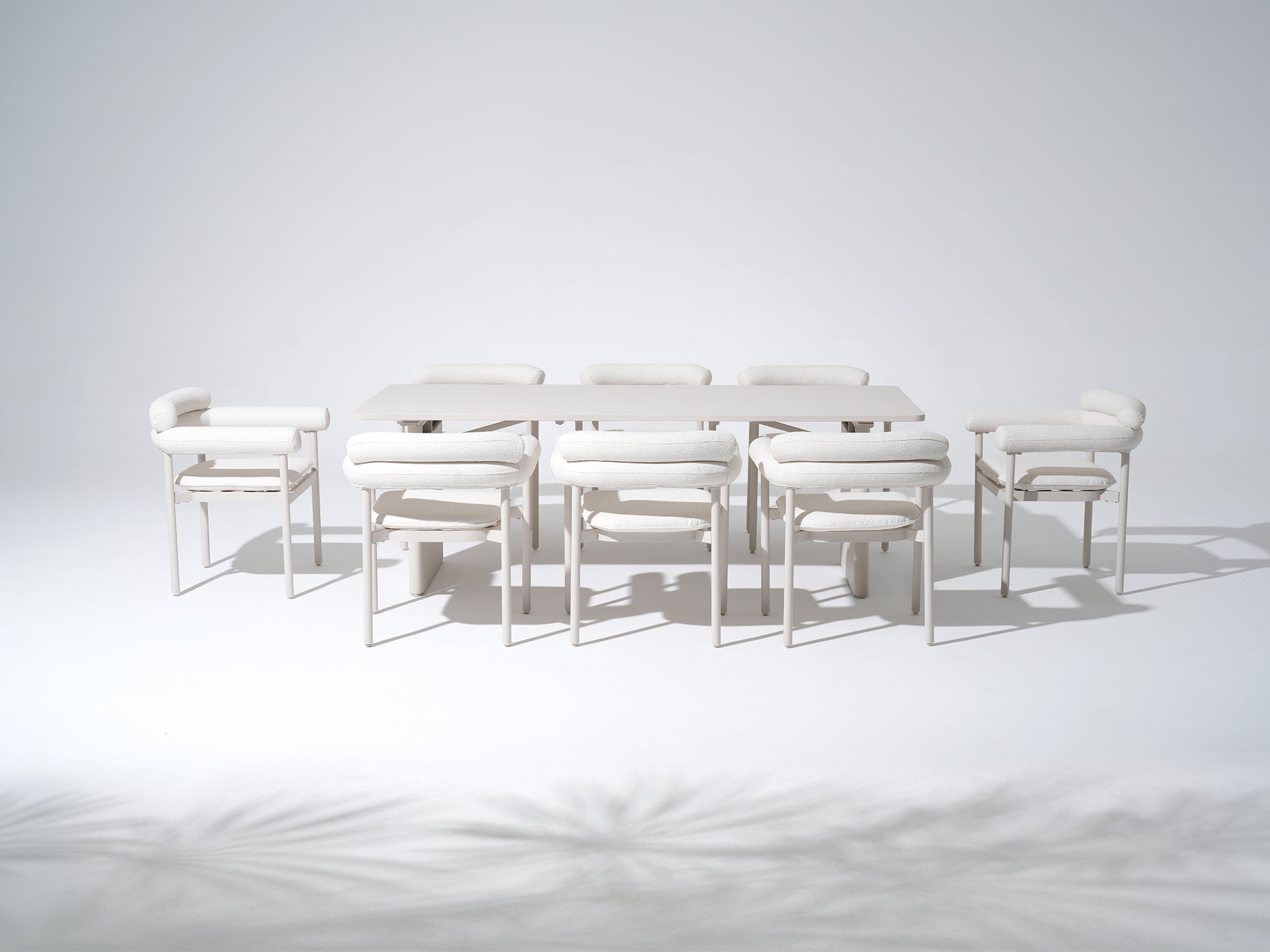 Oyster‑White Aluminum Outdoor Dining Set for 6-8 People, Boucle Upholstered Dining Chairs, 86.6"