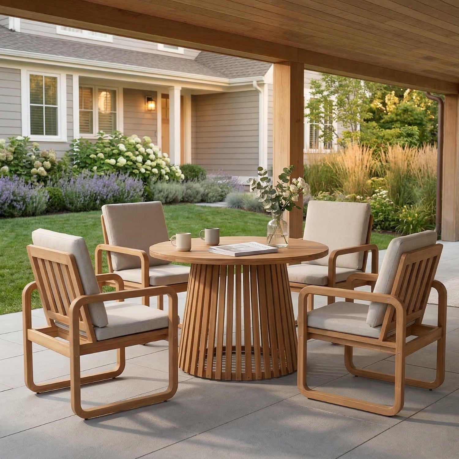 Outdoor patio dining set with round acacia wooden table and 4 chairs - Jardina Premium Modern Outdoor Dining Furniture