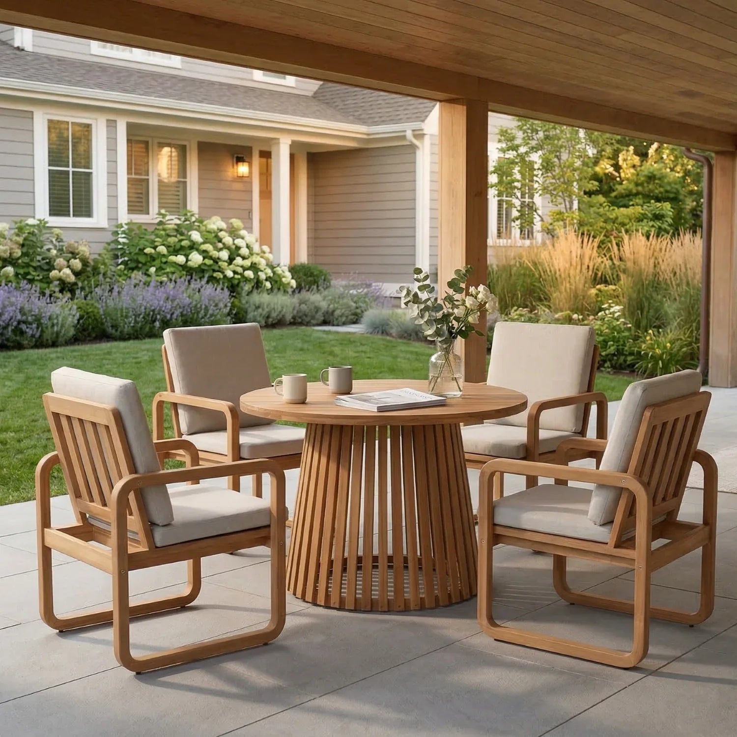 Outdoor patio dining set with round acacia wooden table and 4 chairs - Jardina Premium Modern Outdoor Dining Furniture