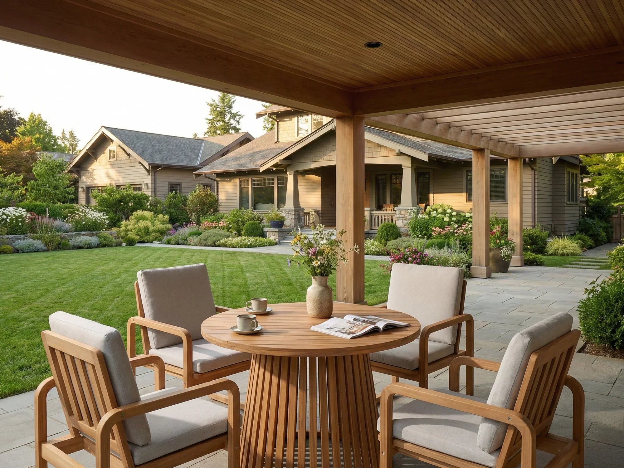 Outdoor patio with acacia wooden furniture and a table set for a meal, surrounded by a garden and houses - Jardina Premium Modern Outdoor Dining Furniture
