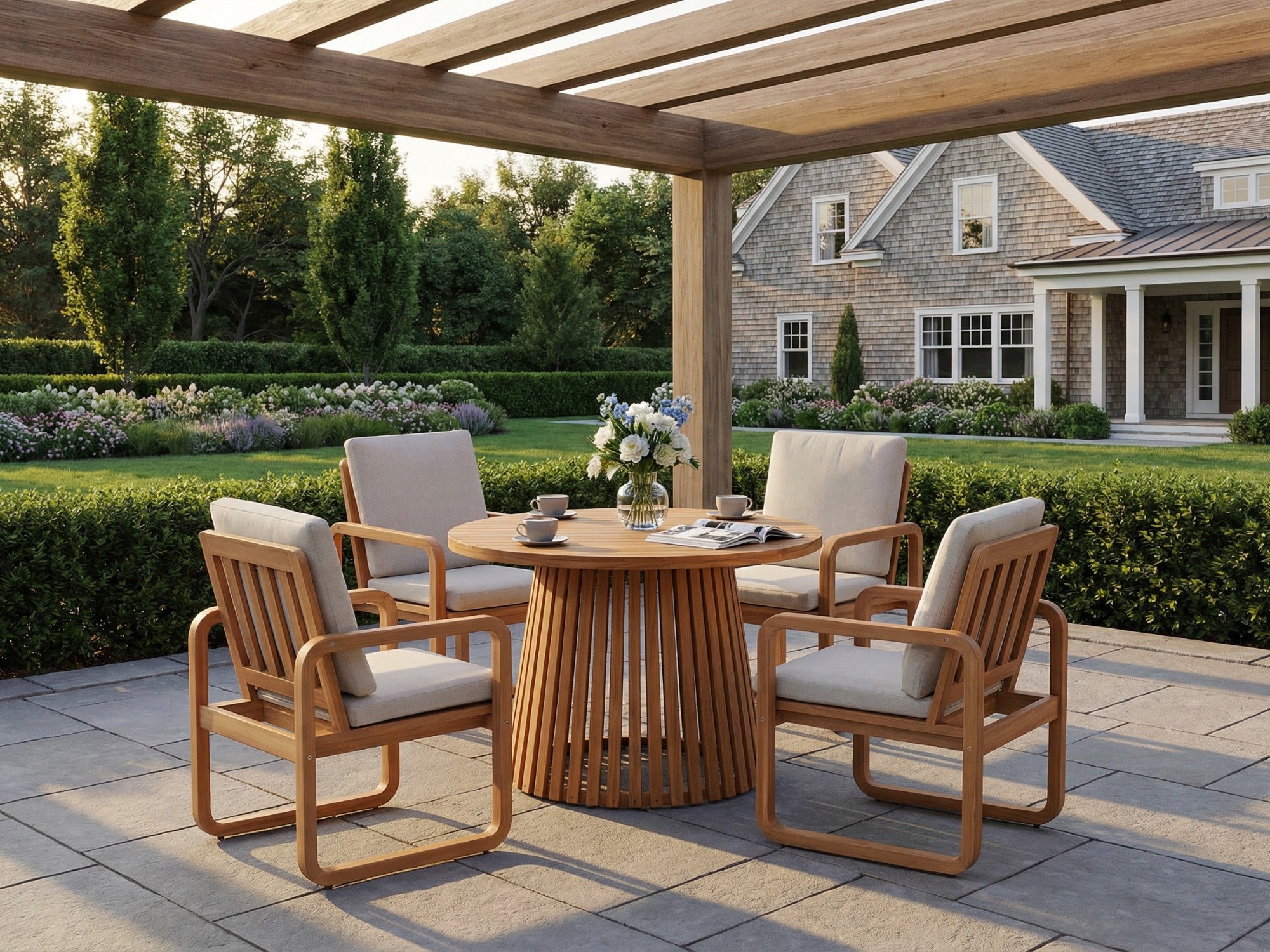 round Wooden outdoor dining set with 4 chairs and a table