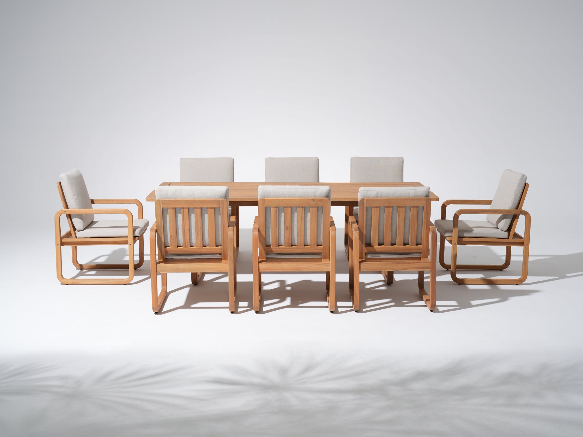 acacia Wooden Dining Set with Umbrella Hole for 8 People, Olefin Linen Cushions, 90.6" - Jardina Premium Modern Outdoor Dining Furniture