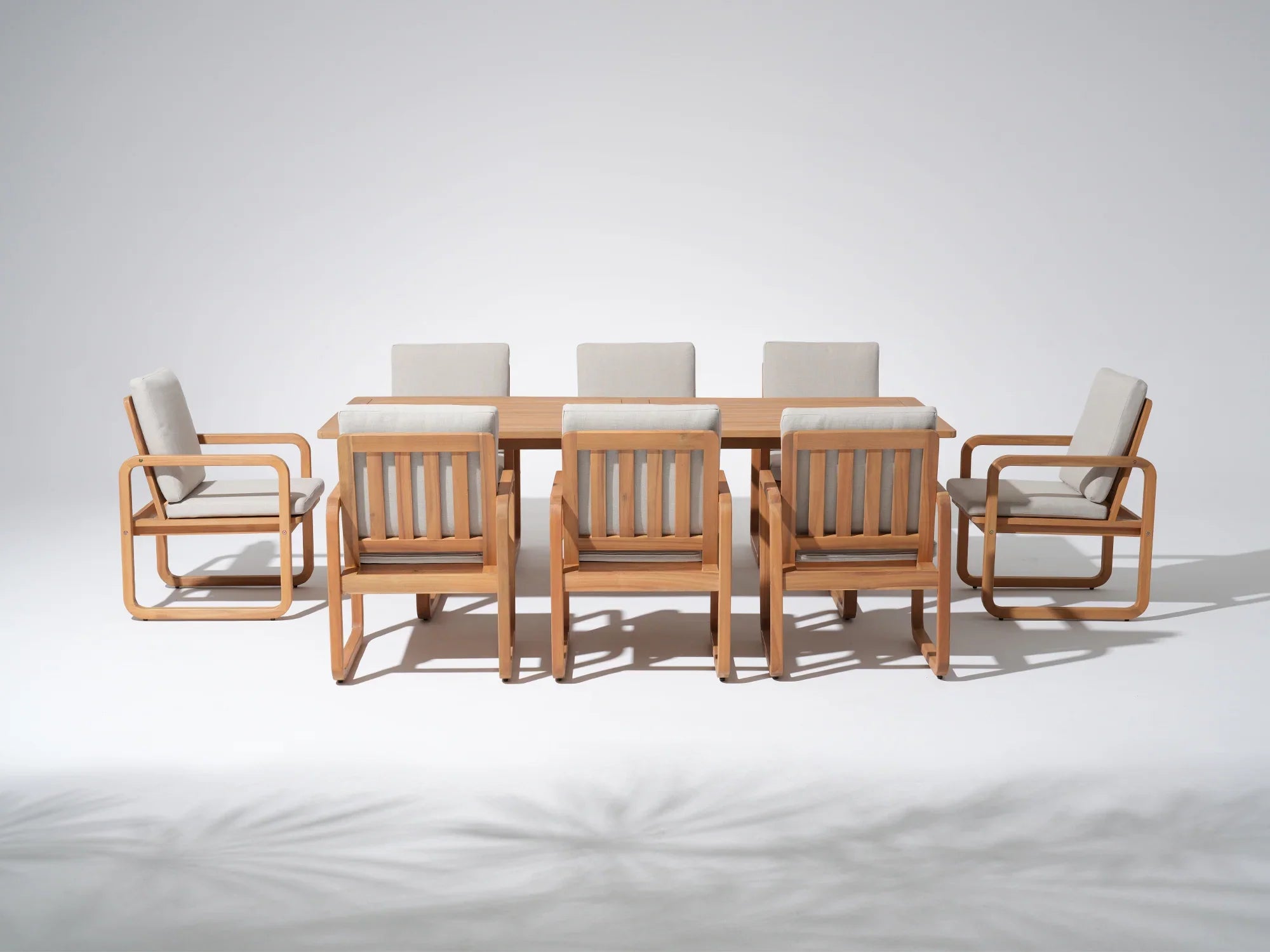 acacia Wooden Dining Set with Umbrella Hole for 8 People, Olefin Linen Cushions, 90.6" - Jardina Premium Modern Outdoor Dining Furniture