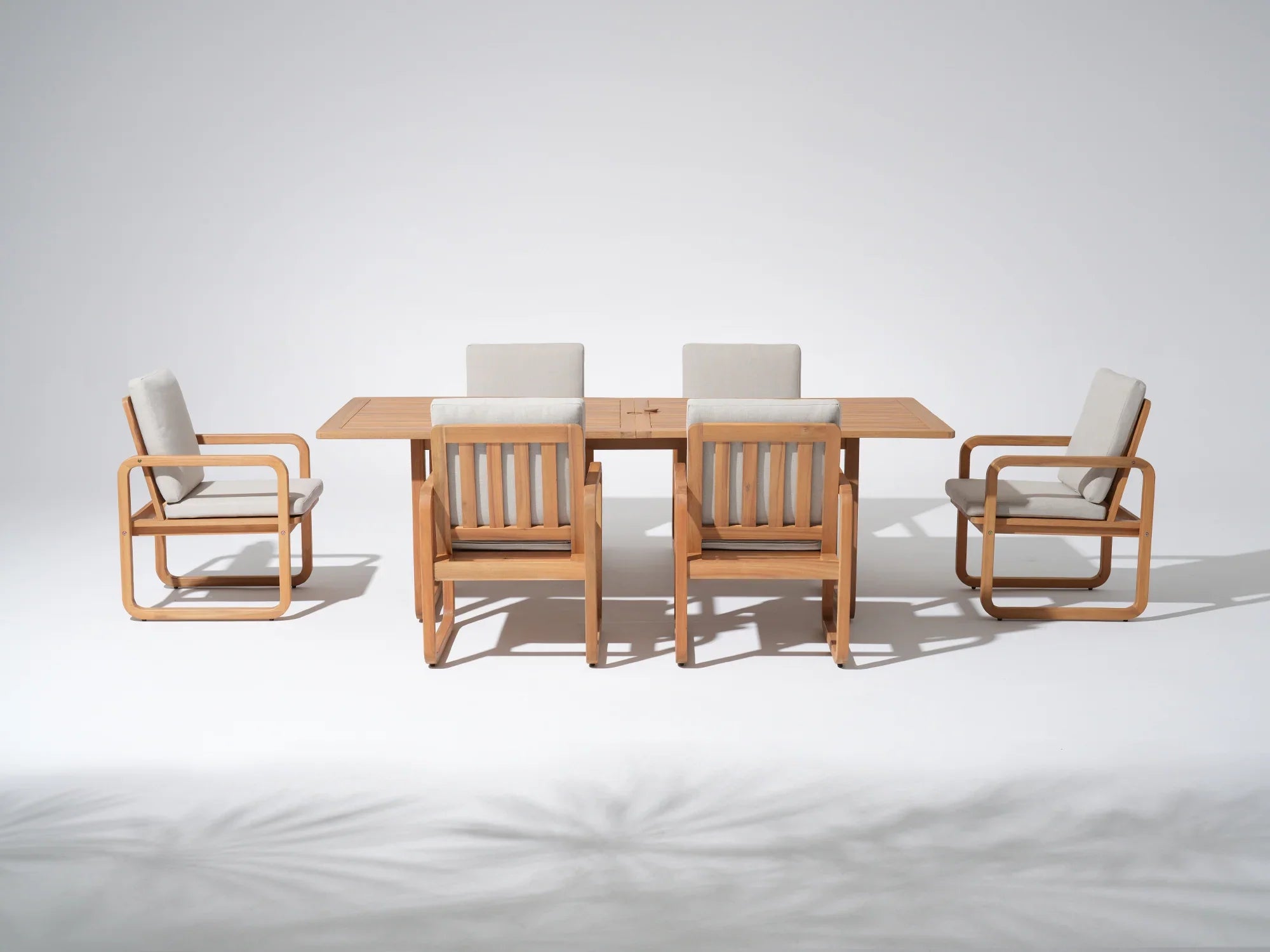 acacia Wooden dining table set with umbrella hole and six matching chairs for 6 person - Jardina Premium Modern Outdoor Dining Furniture
