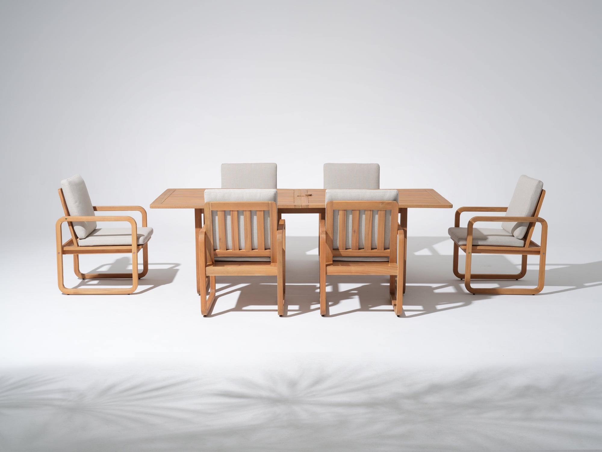 acacia Wooden dining table set with umbrella hole and six matching chairs for 6 person - Jardina Premium Modern Outdoor Dining Furniture