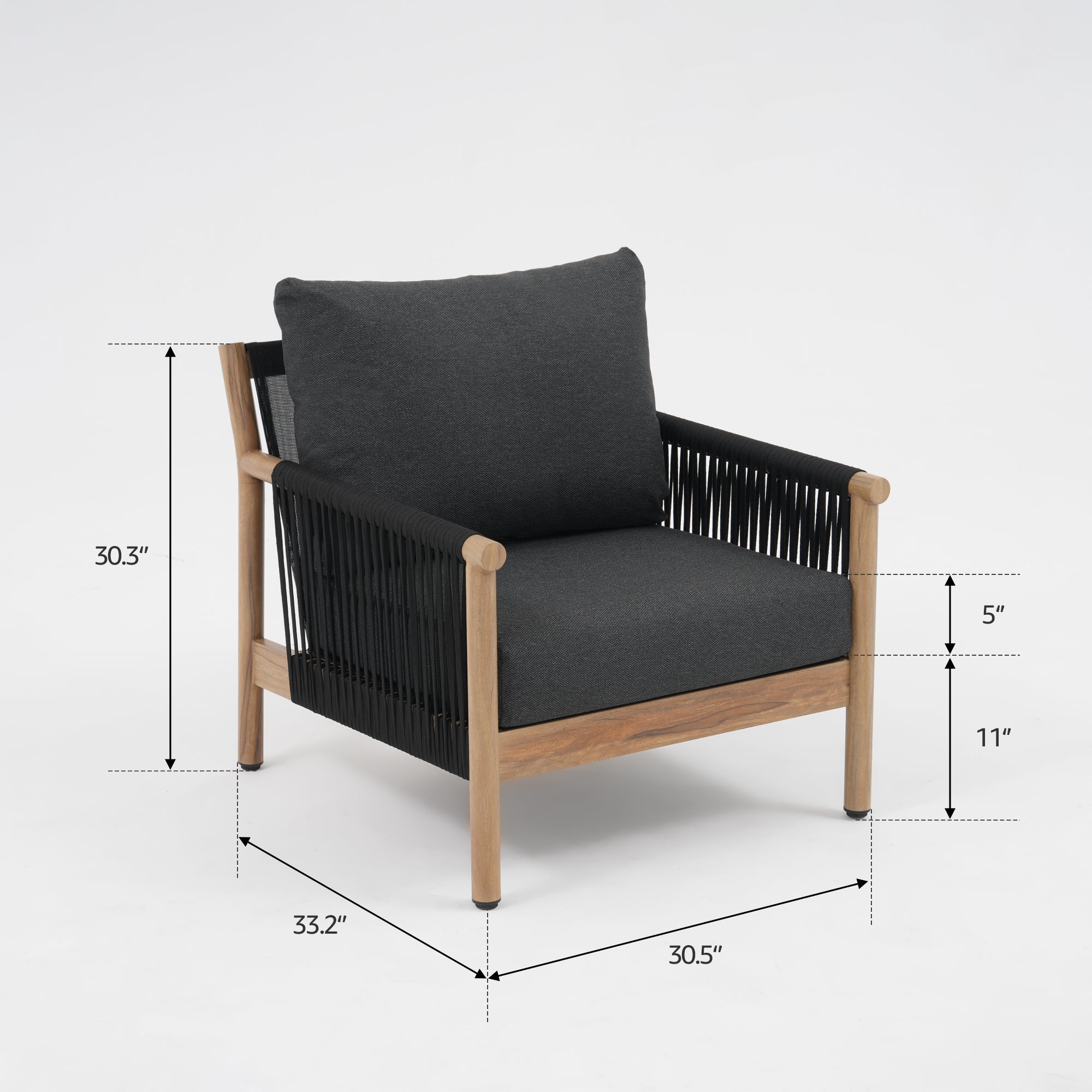 Arlo 5-Piece Aluminum Rope Outdoor Seating Set, Wood-Look, Black Cushions, Mixed Tables