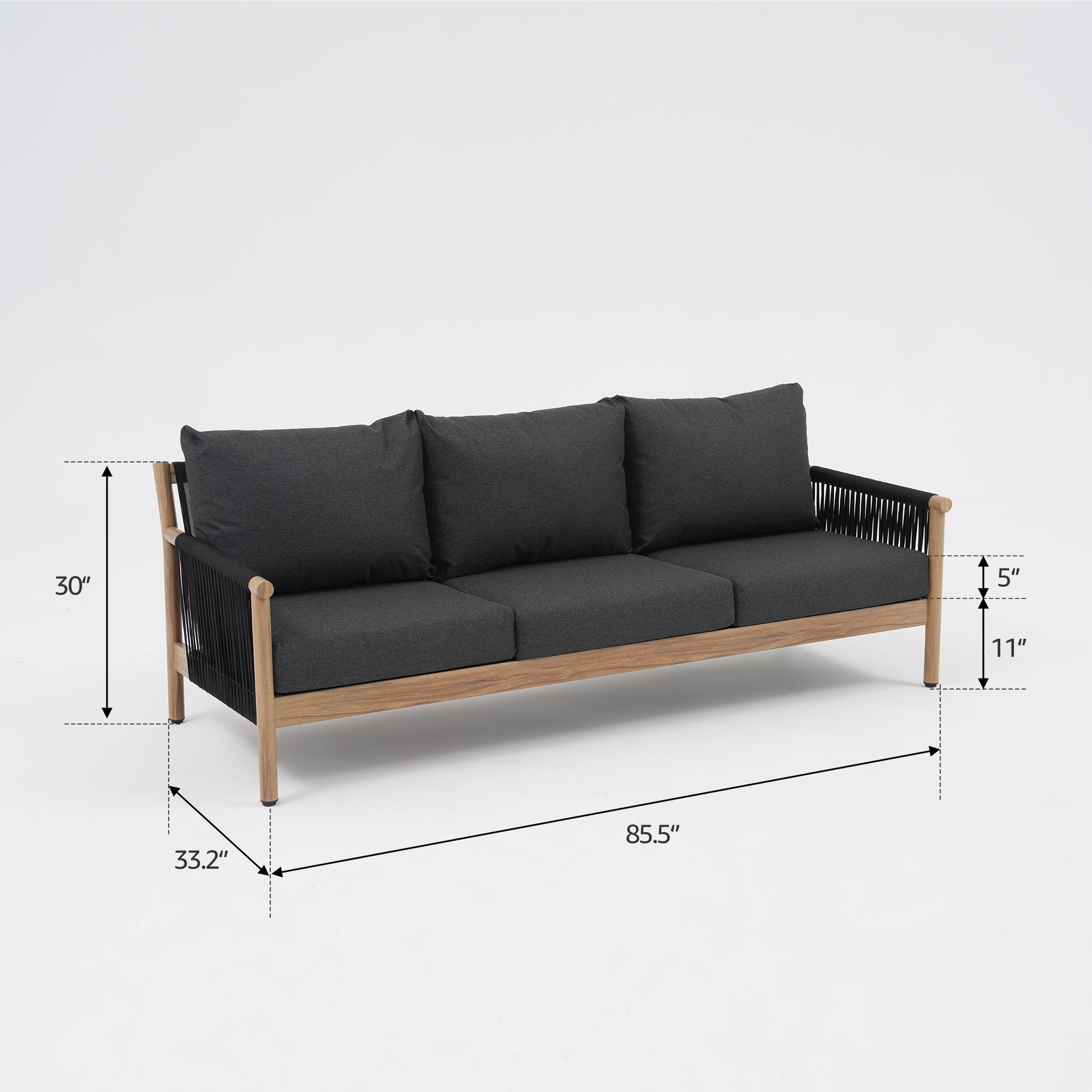Arlo 5-Piece Aluminum Rope Outdoor Seating Set, Wood-Look, Black Cushions, Mixed Tables