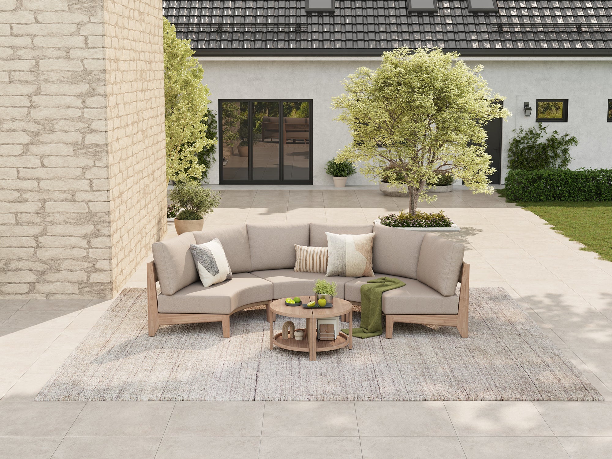 Arlo 5-Piece Outdoor Modular Conversation Lounge Set, Wood-Look, Aluminum Frame