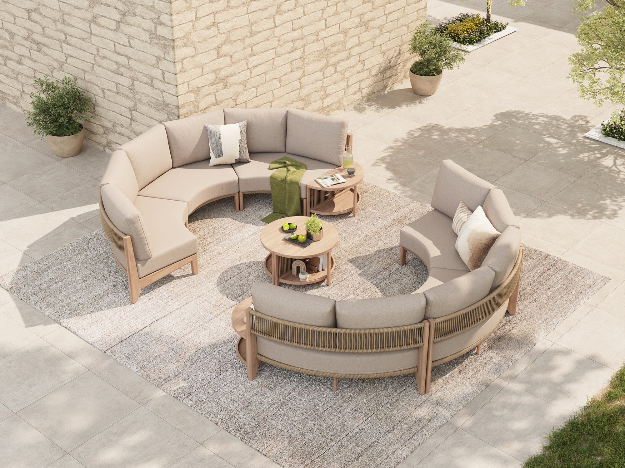 Arlo 10-Piece Outdoor Modular Conversation Set, Open Circle Configuration Wood-Look with Aluminum Frame