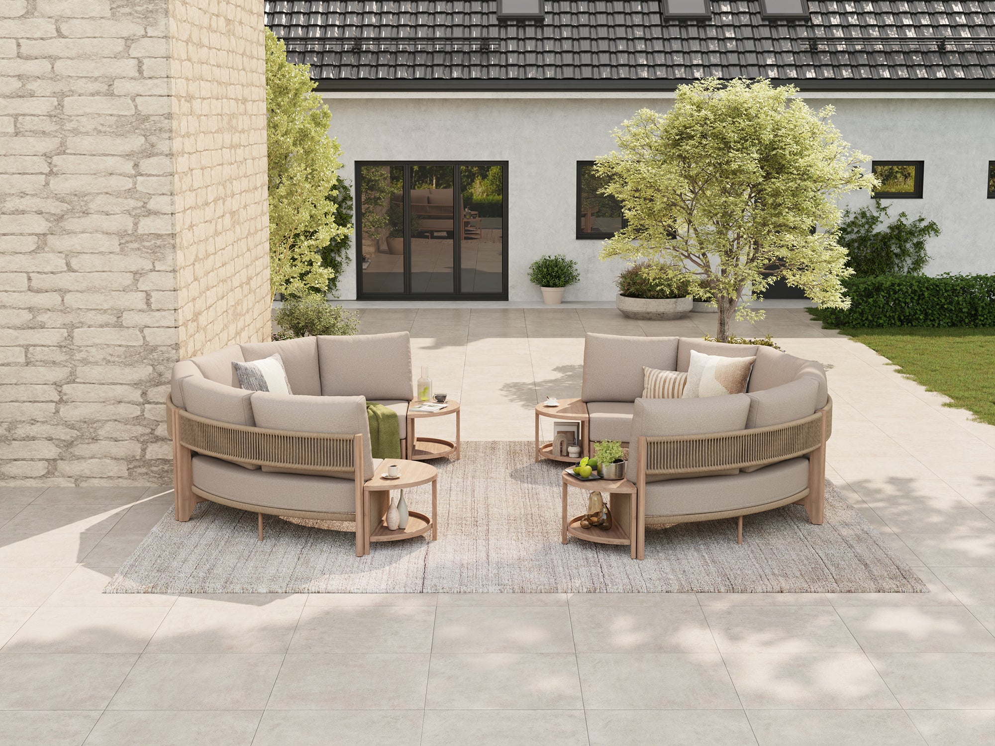 Arlo 10-Piece Outdoor Modular Conversation Set, Open Circle Configuration Wood-Look with Aluminum Frame
