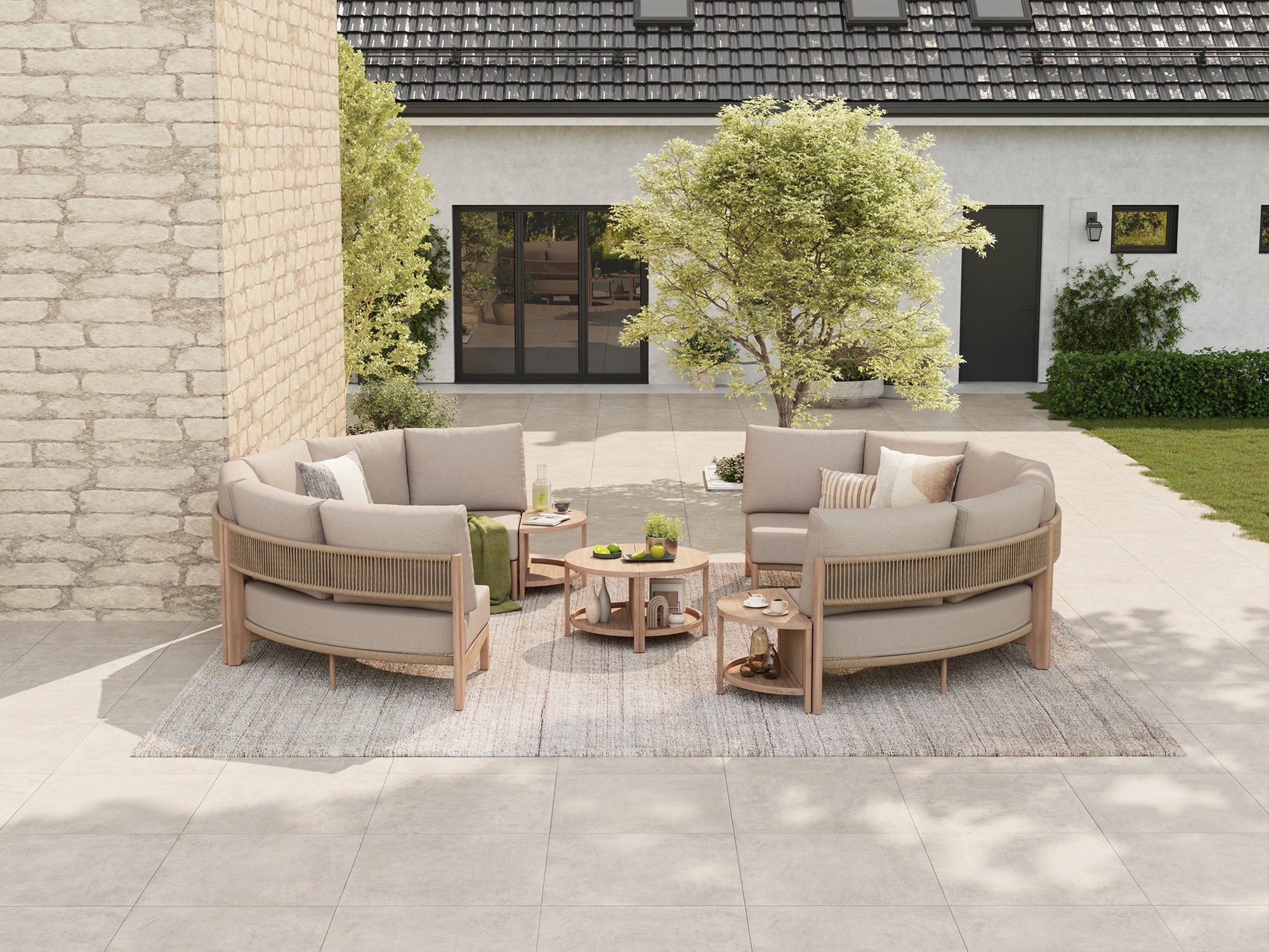 Arlo 10-Piece Outdoor Modular Conversation Set, Open Circle Configuration Wood-Look with Aluminum Frame