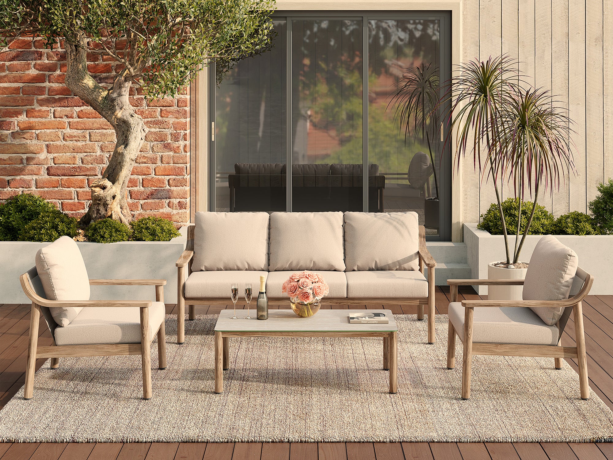 Arlo Textilene Mesh Light Beige Outdoor Seating Set, Wood-Look, Aluminum Frame