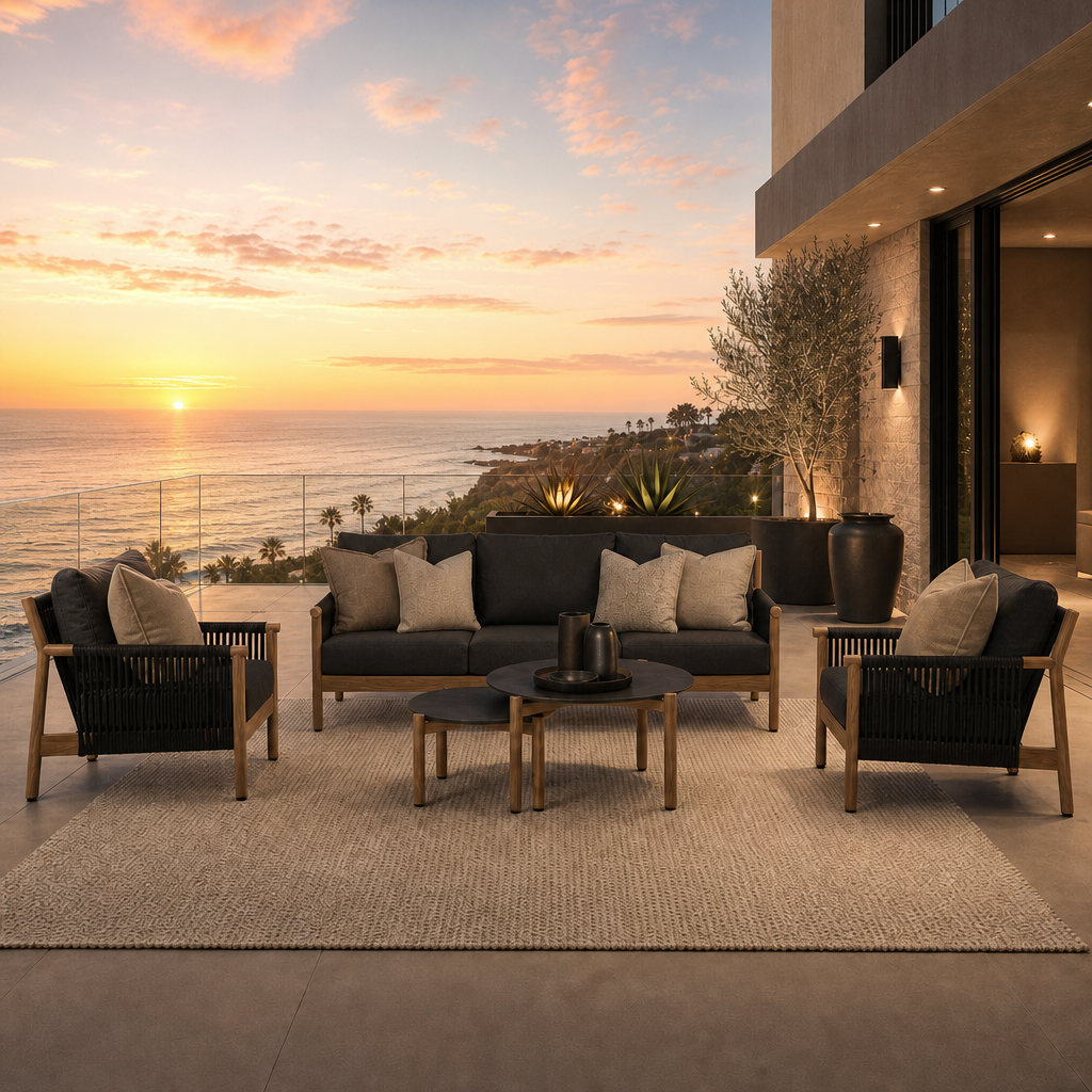 Arlo 5-Piece Aluminum Rope Outdoor Seating Set, Wood-Look, Black Cushions, Mixed Tables