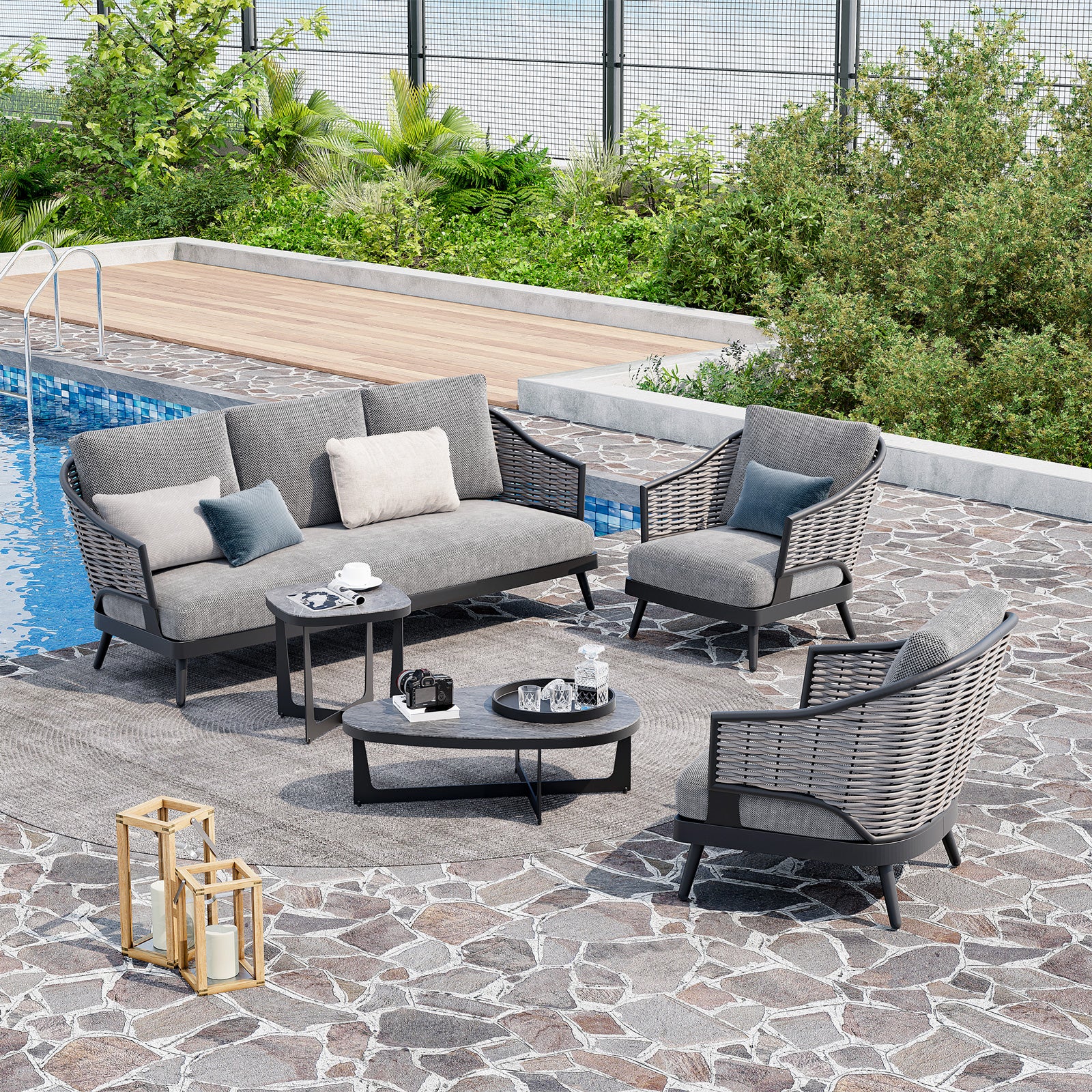 modern outdoor conversation set, aluminum and wicker design