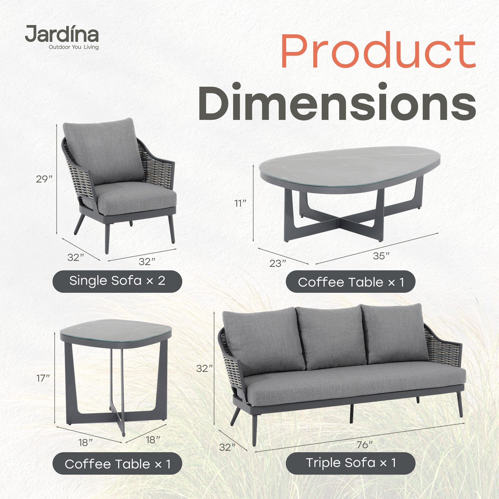 Burano 5-Piece Grey Aluminum Patio Sofa Set with 2 Coffee Tables