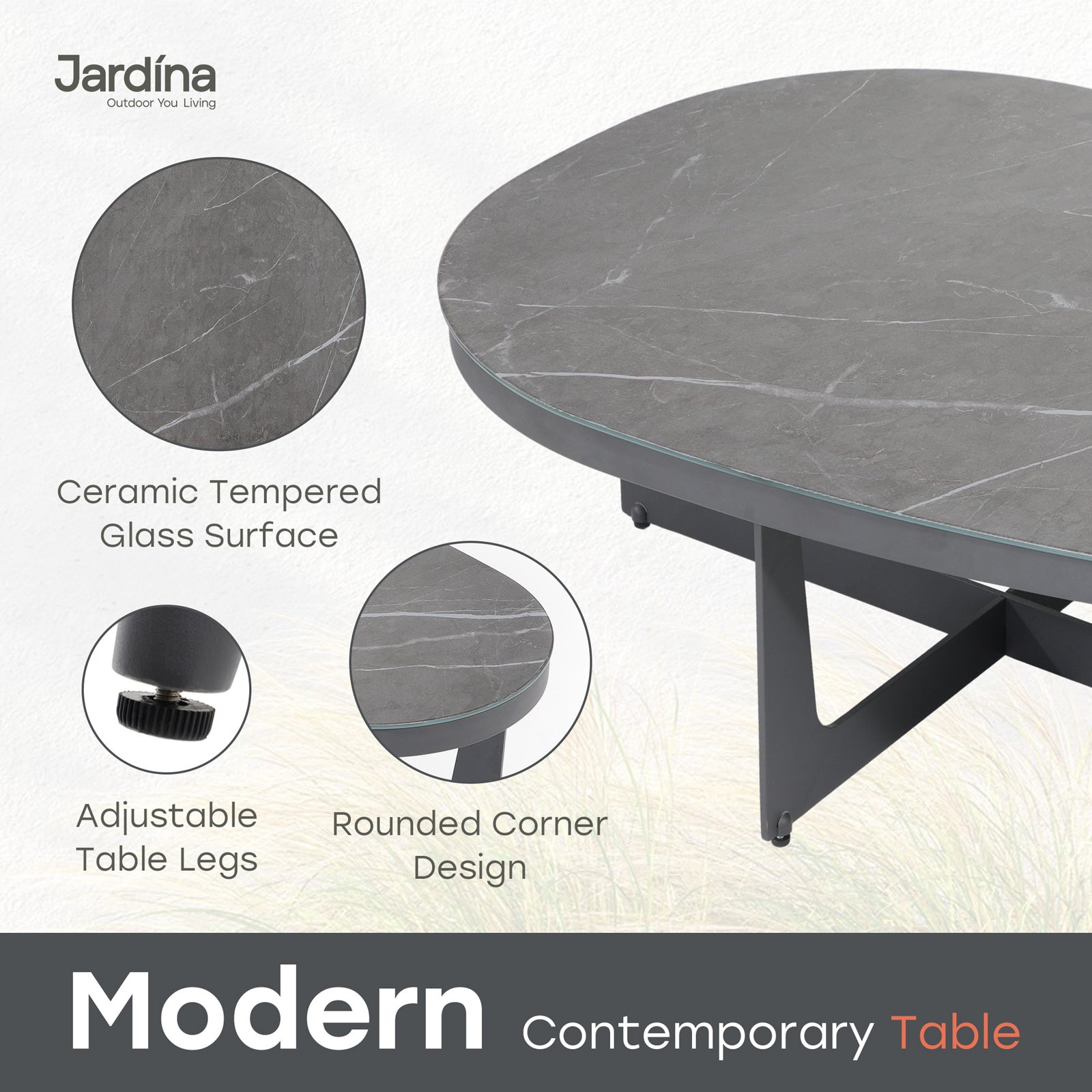 modern aluminum outdoor table with adjustable table legs and ceramic tempered glass top