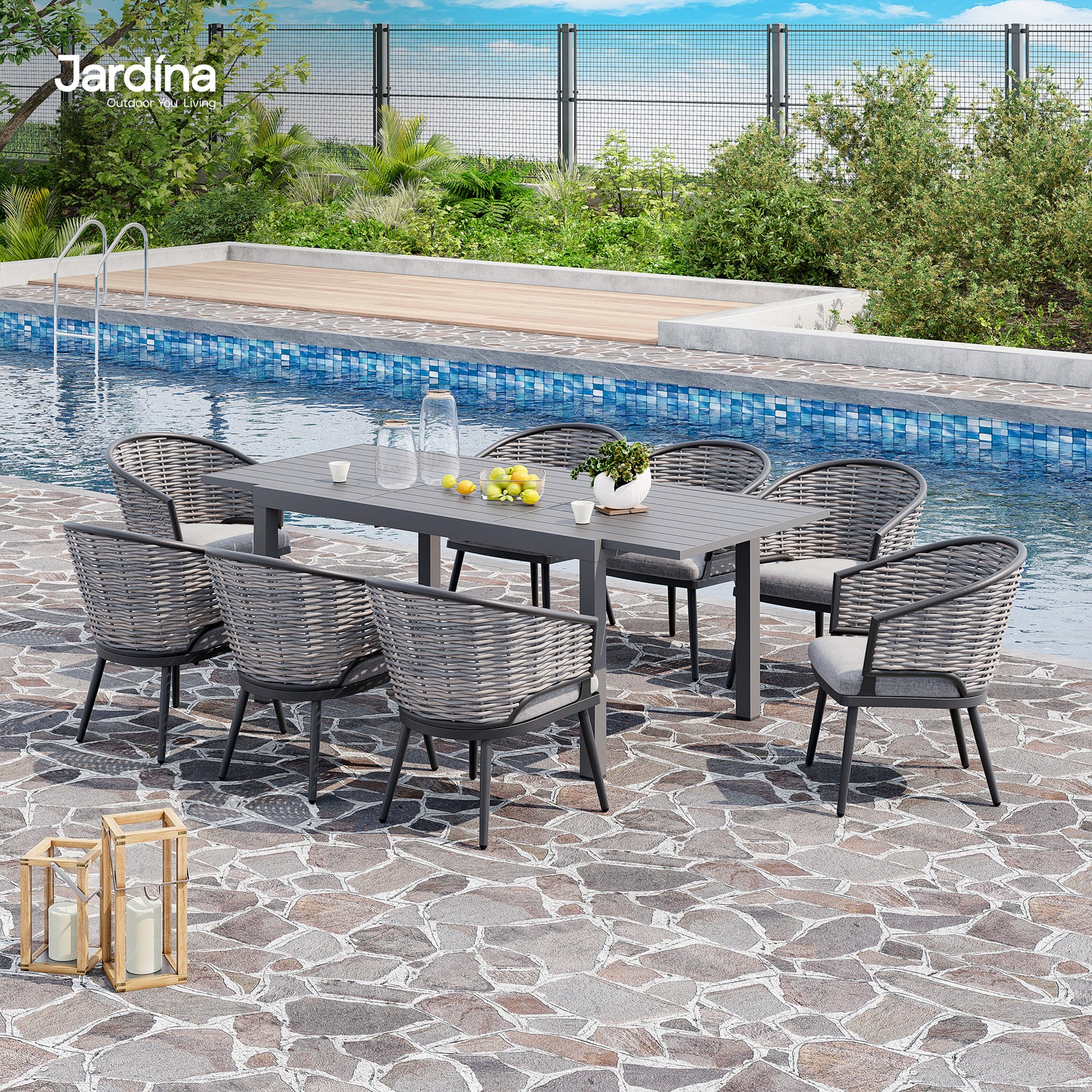grey modern outdoor dining set for 8 with extendable table