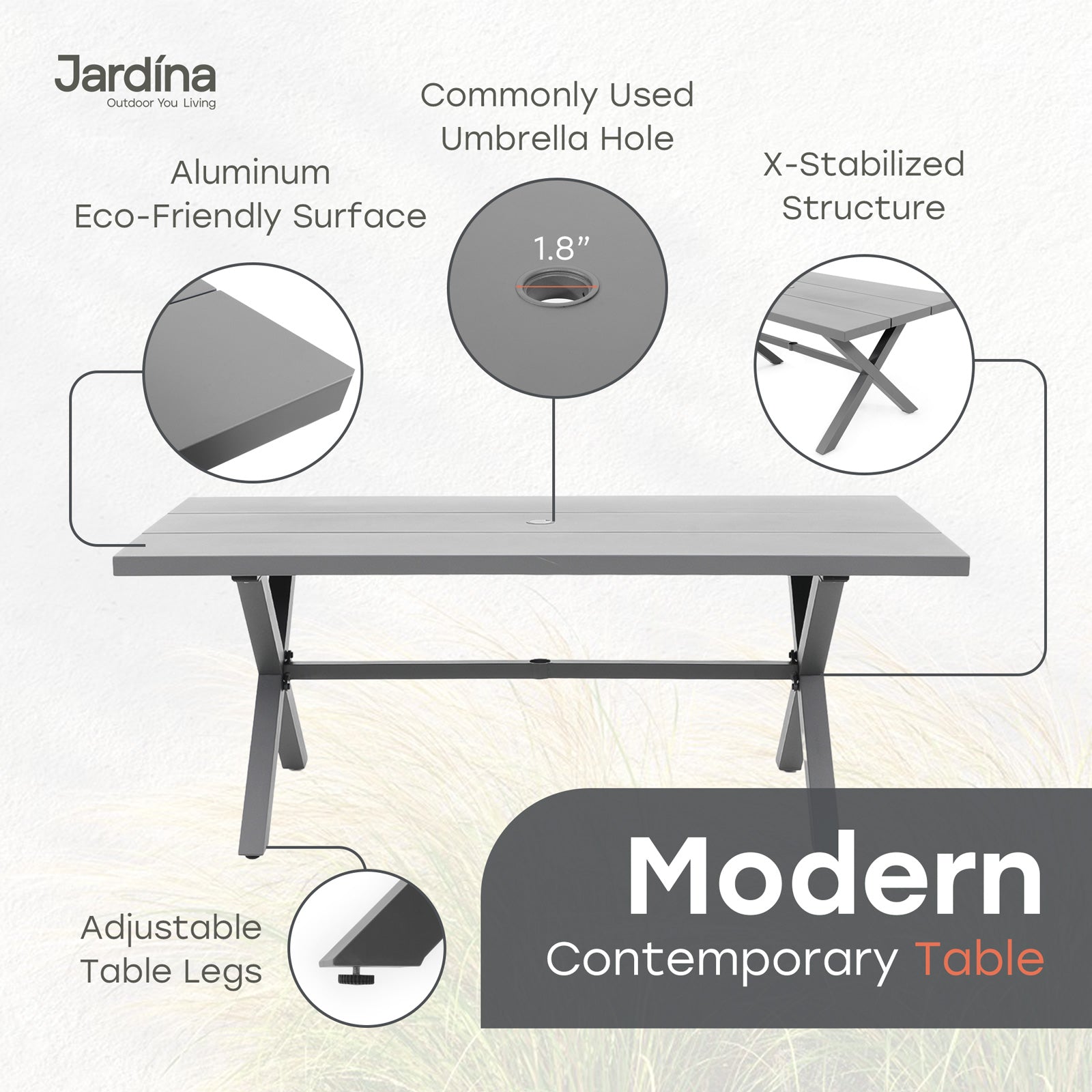 grey modern outdoor dining table with unbrella hole, x-shaped legs