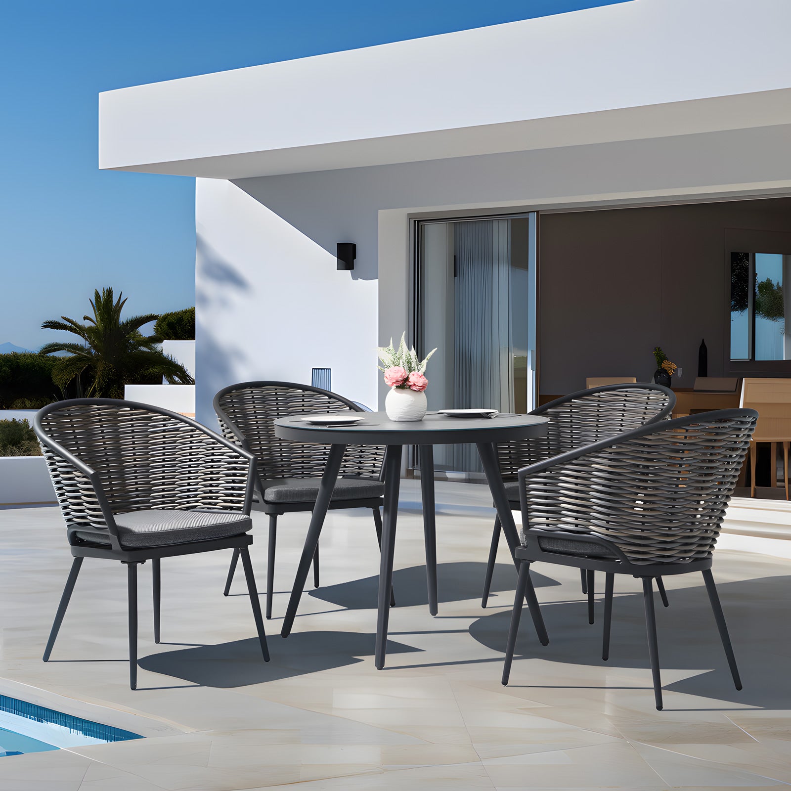 modern grey wicker outdoor dining set for 4 with round table