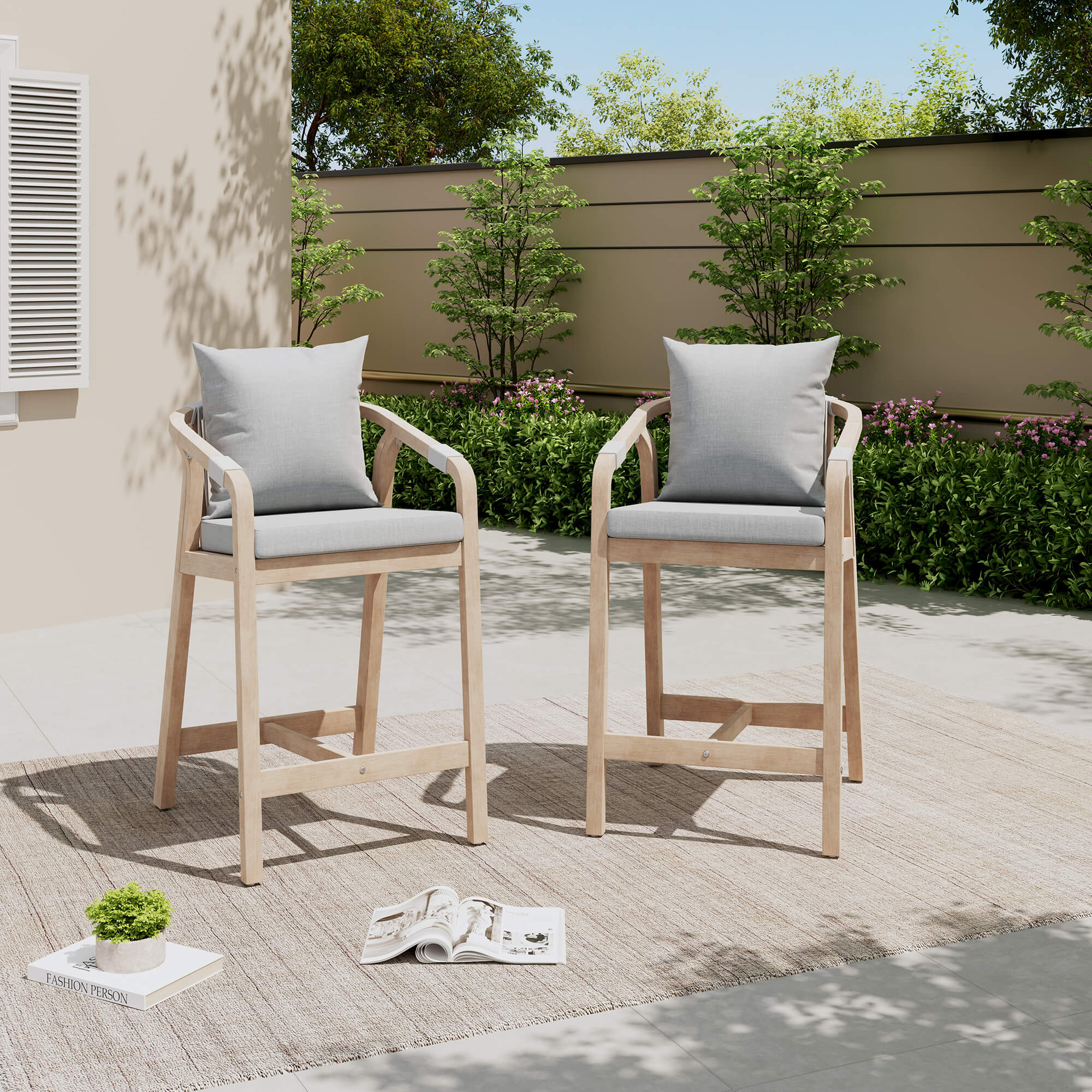 Thalea Textured Wood Outdoor Bar Stool With Cushions, height 28", Set of 2