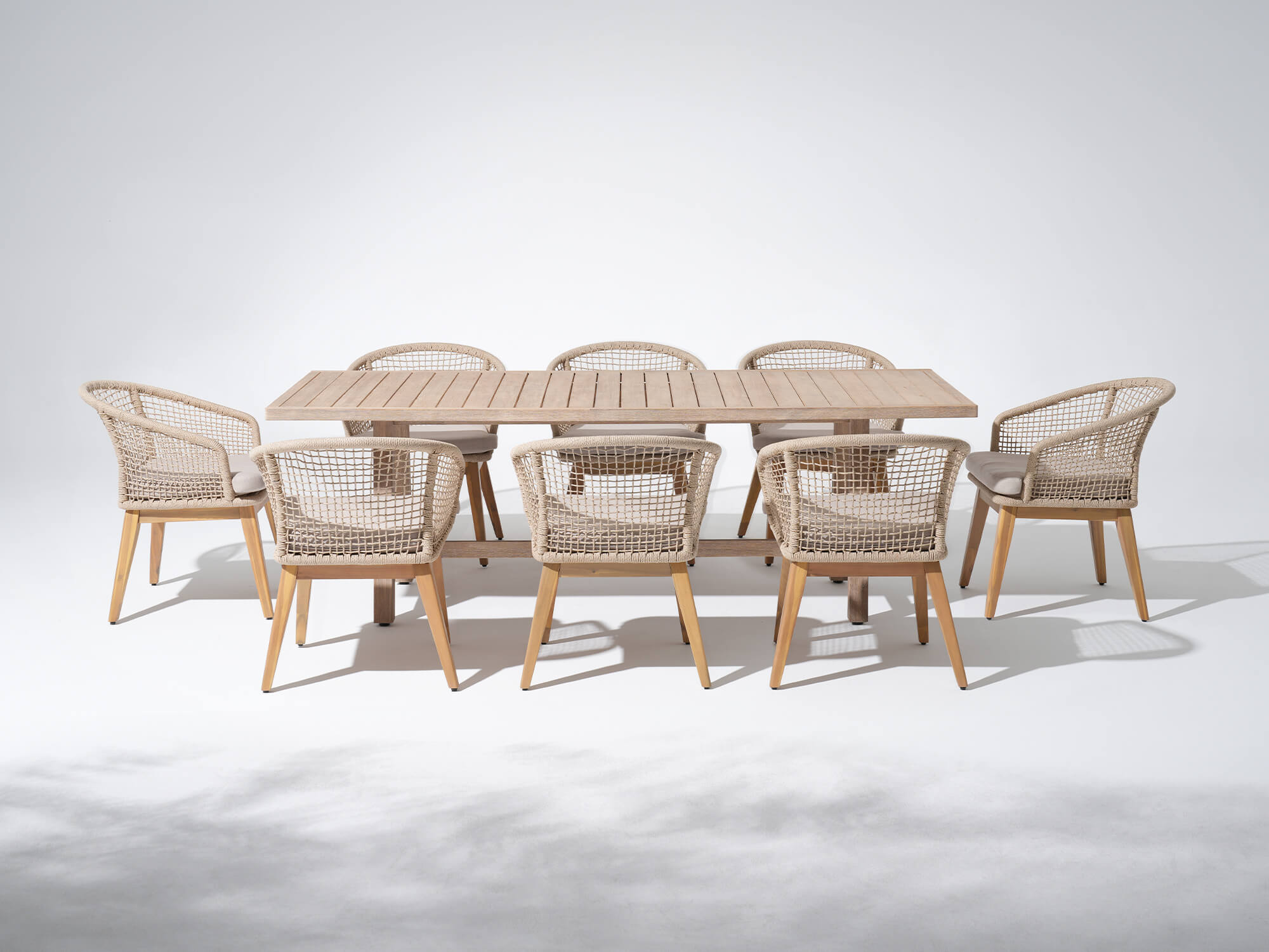 9pcs acacia wooden outdoor dining set for 8 people with rope design and cushions- Jardina Modern Premium Patio Outdoor Furniture#Color_Beige
