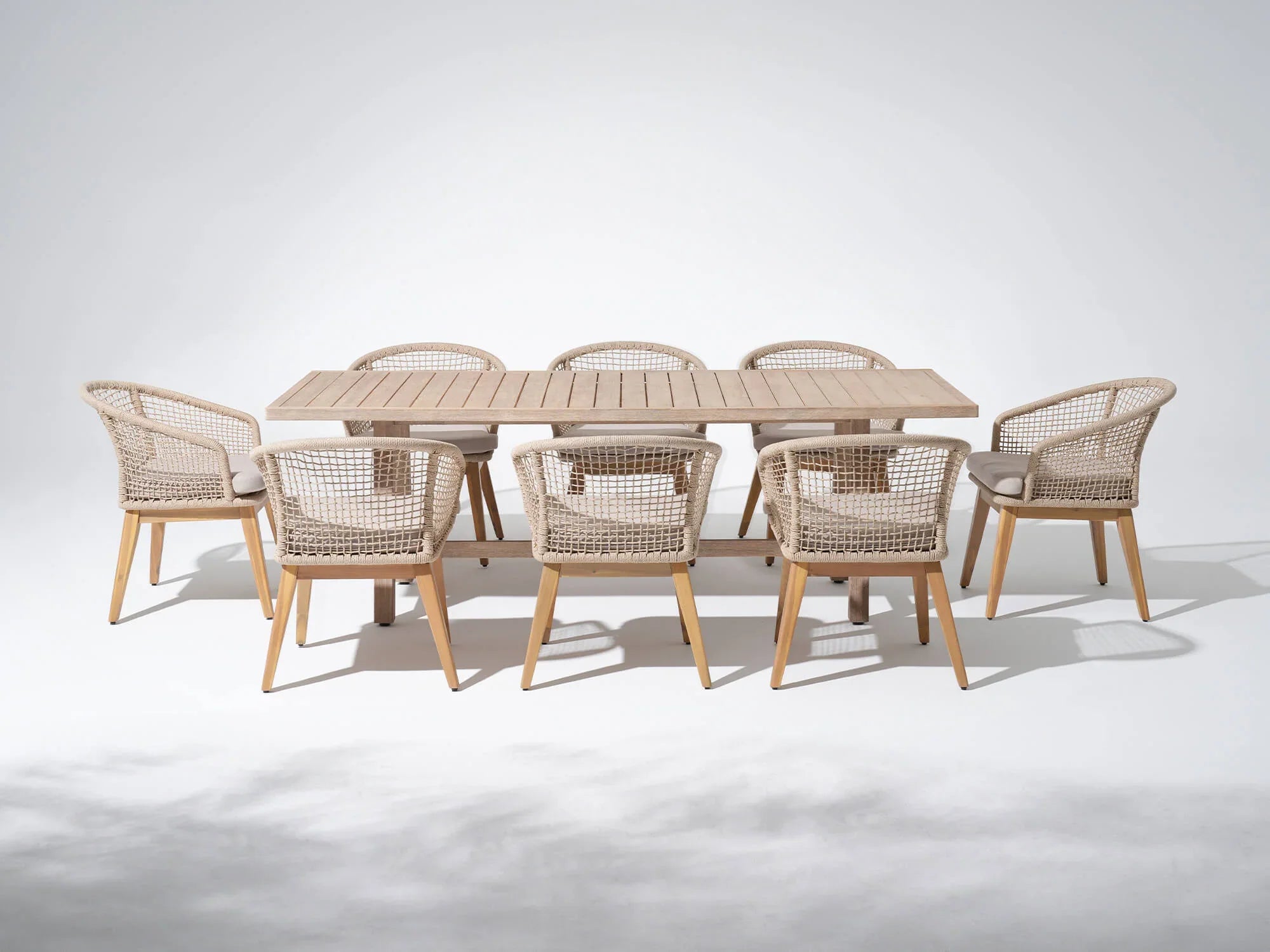 9pcs acacia wooden outdoor dining set for 8 people with rope design and cushions- Jardina Modern Premium Patio Outdoor Furniture#Color_Beige