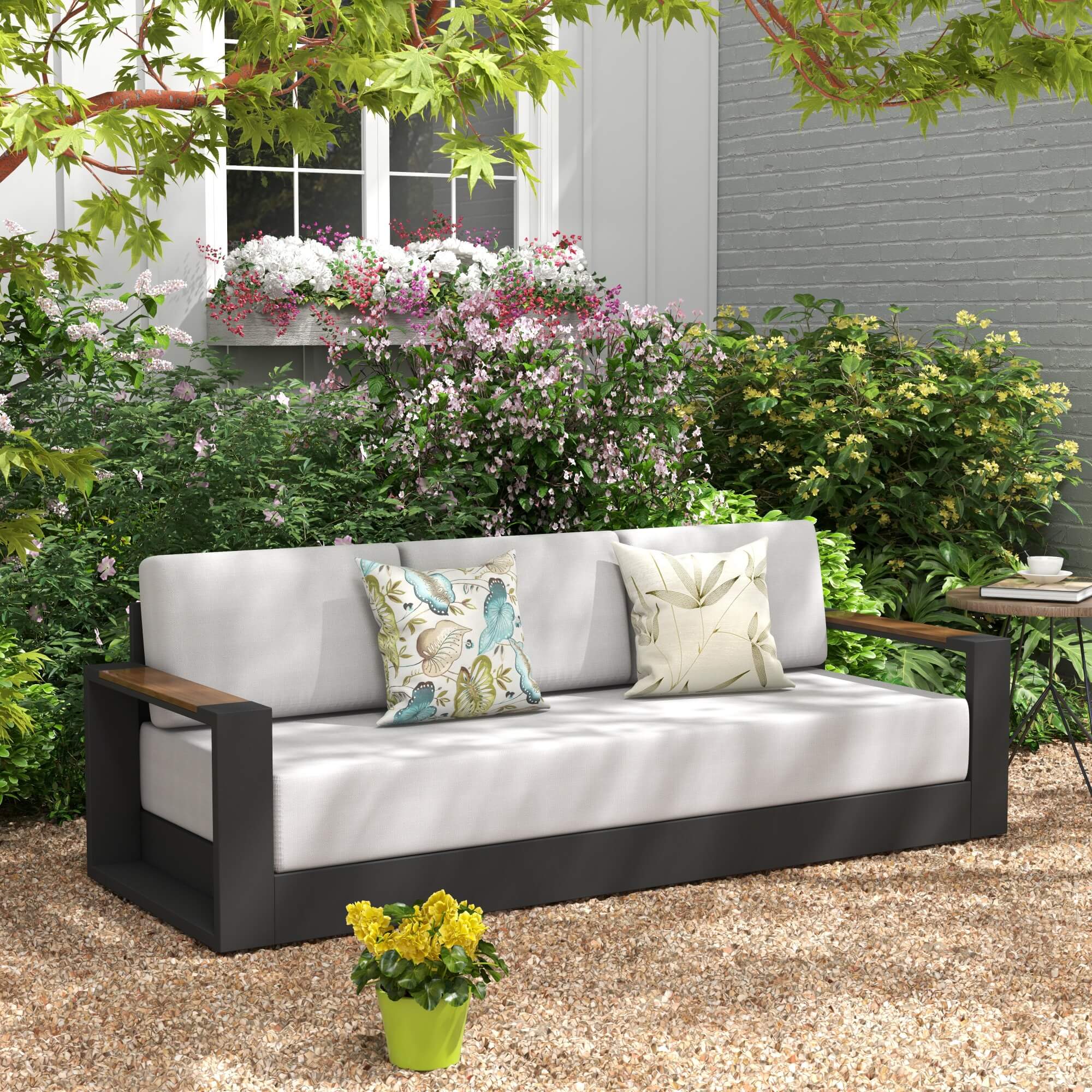 black 3 seats aluminum Outdoor sofa with cushions, wooden armrest design- Jardina Modern Premium Patio Outdoor Furniture