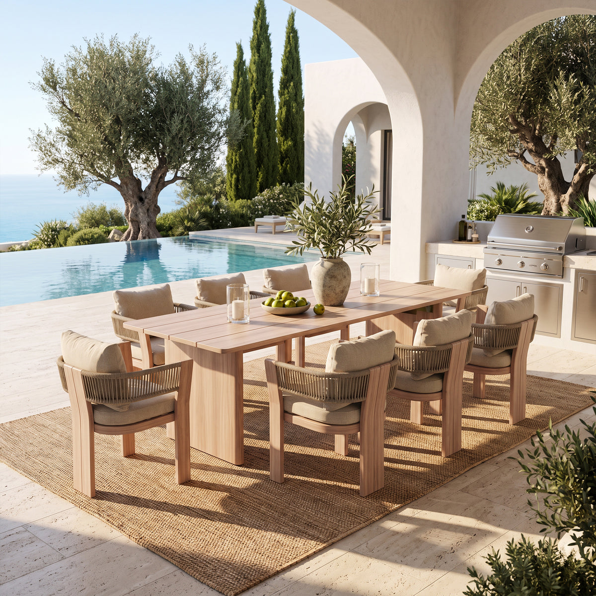 Bosa Aluminum Outdoor Dining Set for 6-8 Seats, Light Beige& Rope Design, 86.6" Table