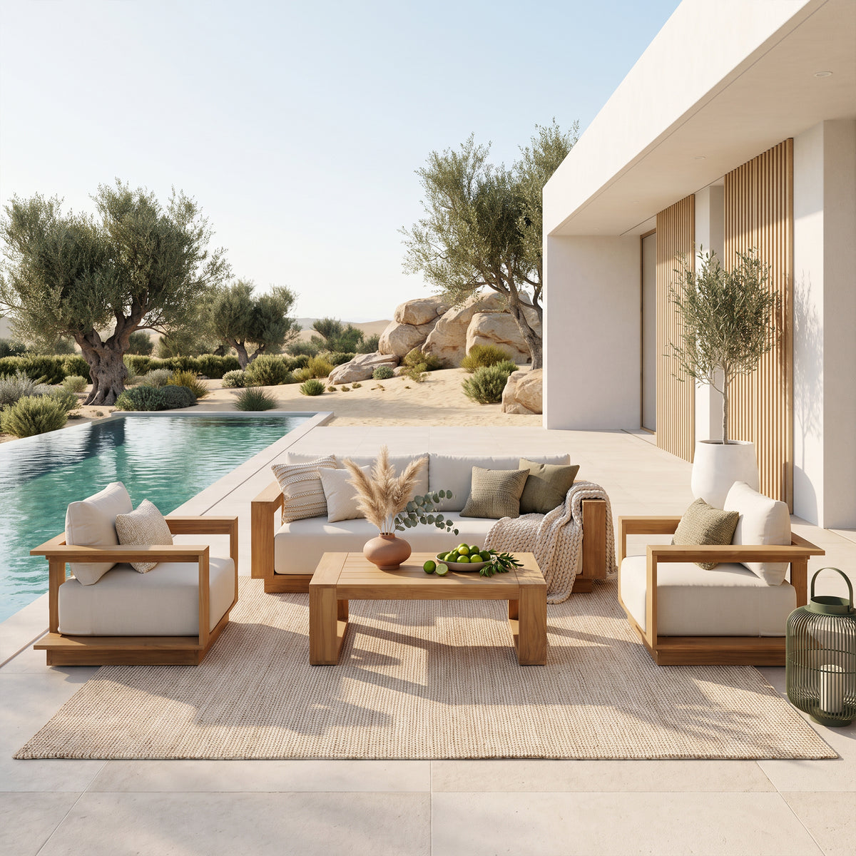 4-pc FSC-Certified Solid Teak Outdoor conversation set, Wide Armrest & White Cushions, Rectangular coffee table- Jardina
