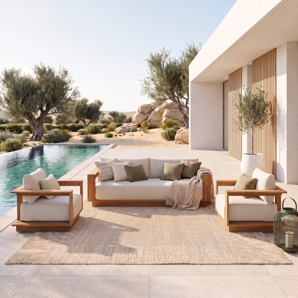 FSC-Certified Solid Teak wood Outdoor furniture Set featuring a couch and two lounge chairs with Wide Armrest & White Cushions, Rectangular coffee table, beside a swimming pool- Jardina