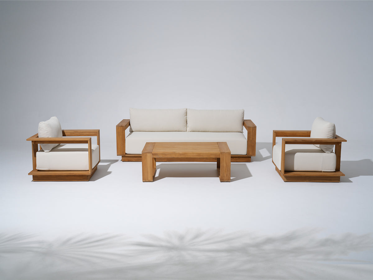 FSC-Certified Solid Teak Outdoor Lounge Set, Wide Armrest & White Cushions, Rectangular coffee table- Jardina