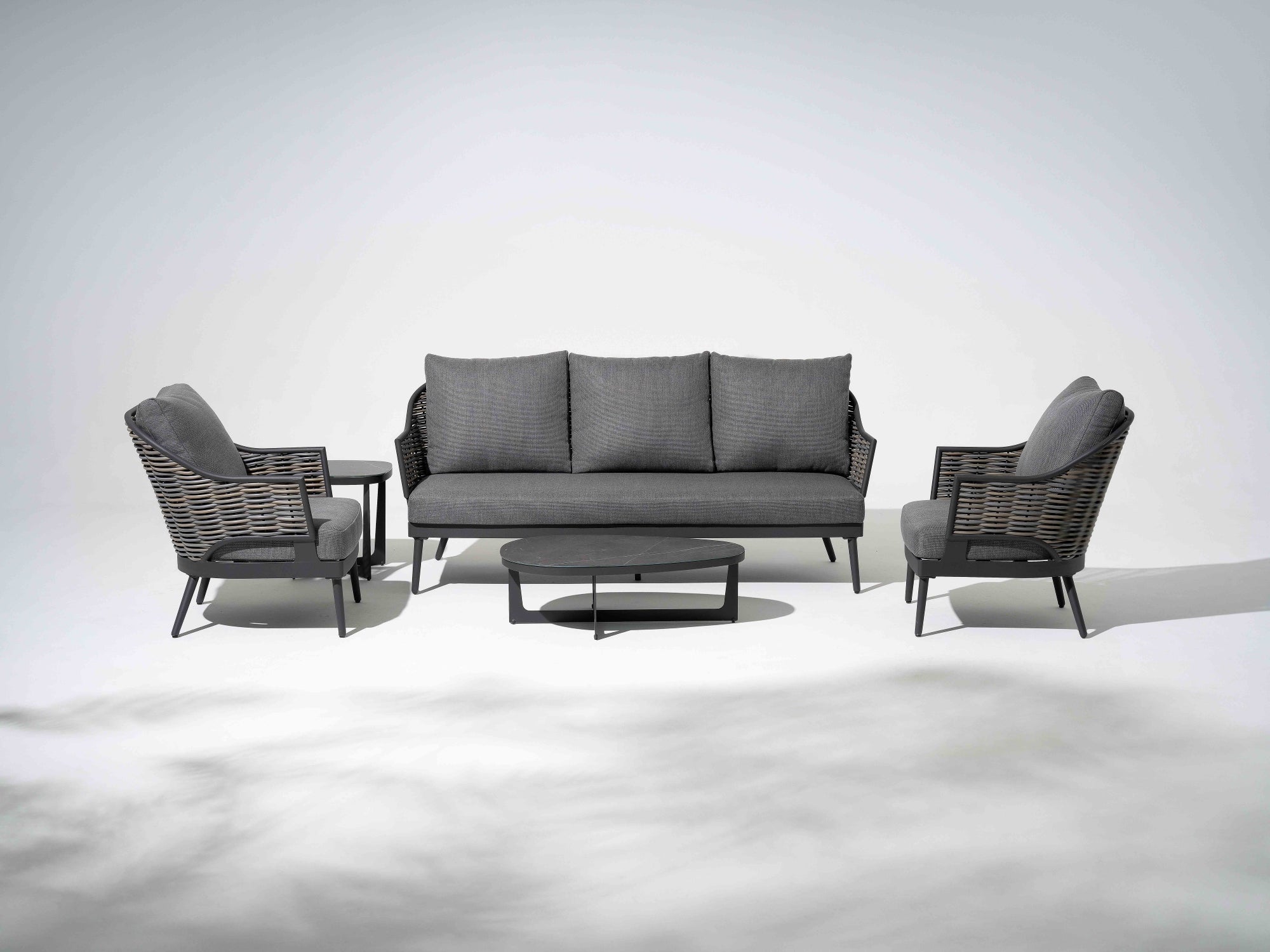 Grey Aluminum 5-pcs outdoor conversation seating set with gray seat cushions and back cushions, a 3-seat sofa, two arm single sofa chairs(handmade corrugated rattan chair back), an irregular grey aluminum coffee table- Jardina Modern Outdoor Patio Furniture Set