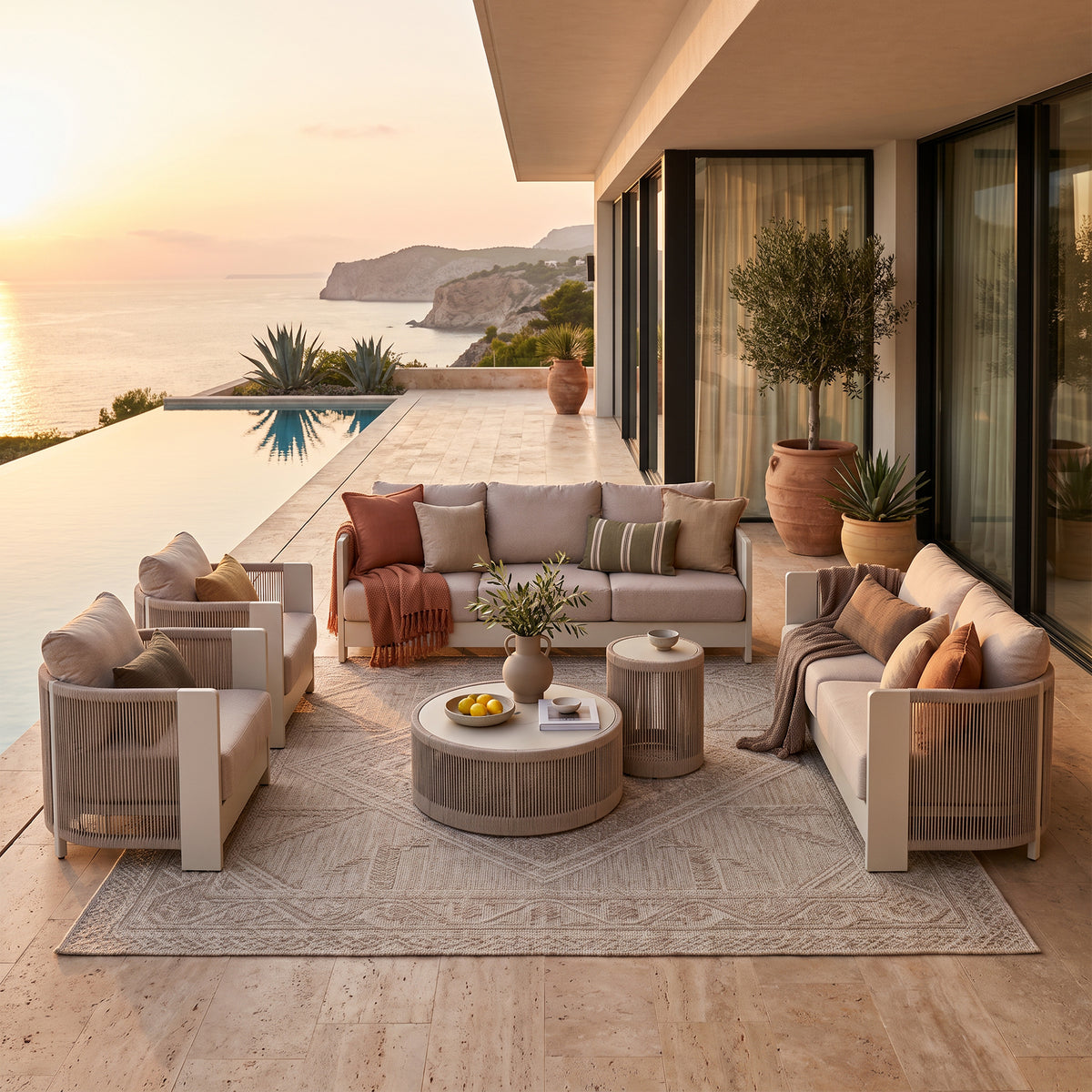 Irati 6-Piece Aluminum Rope Outdoor Conversation Set , Olefin Cushions, Oyster White