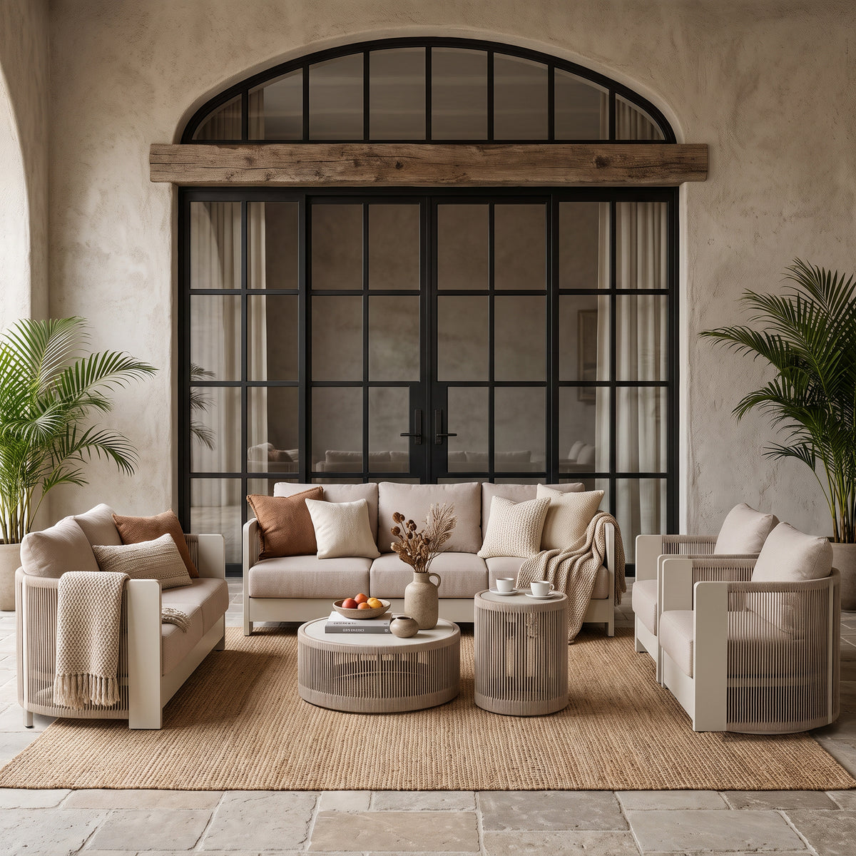Irati 6-Piece Aluminum Rope Outdoor Conversation Set , Olefin Cushions, Oyster White