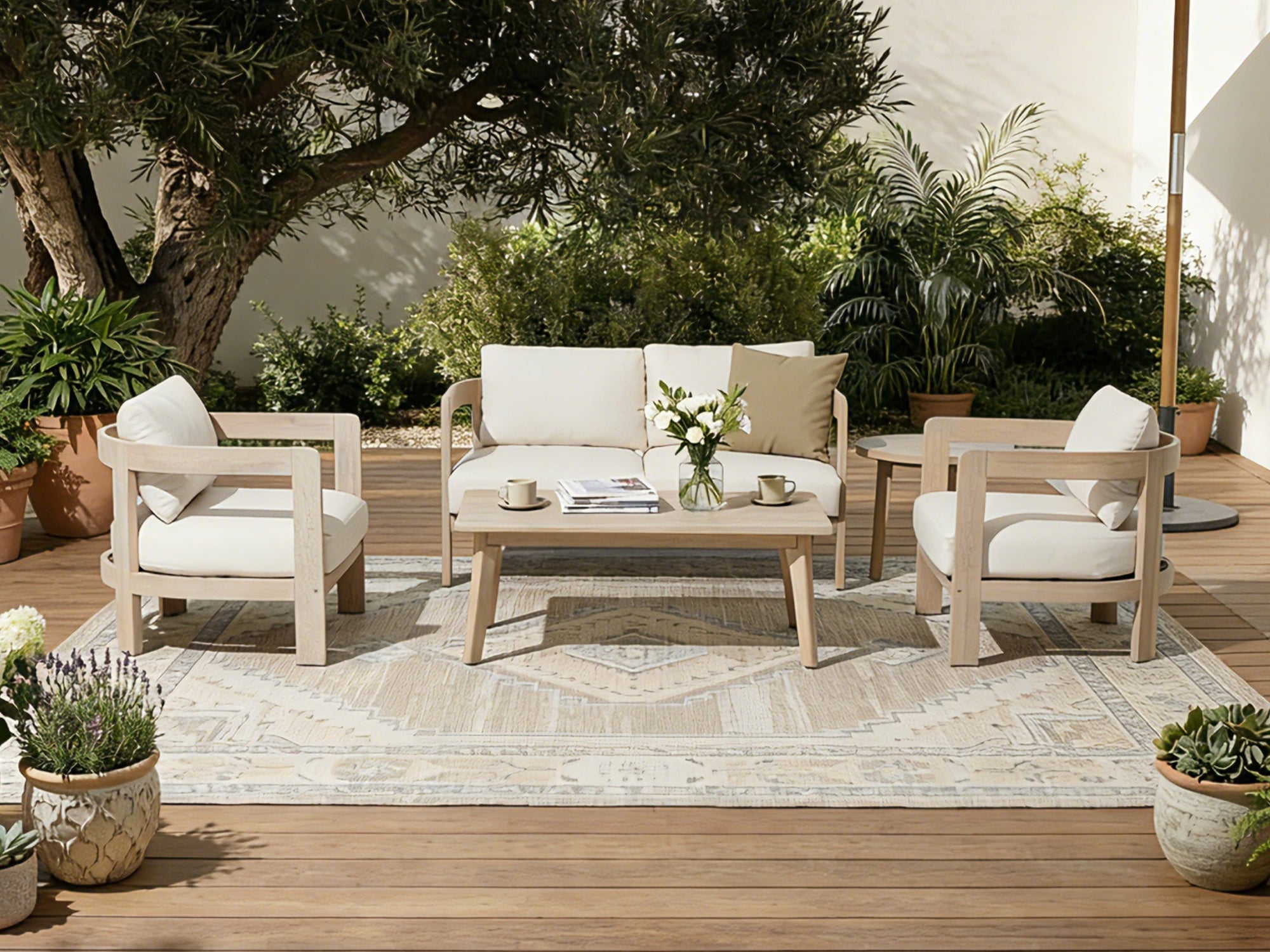 4 seats acacia wood Outdoor patio furniture conversation set with cushions on a wooden deck - Jardina Modern Premium Outdoor Patio Furniture Sets