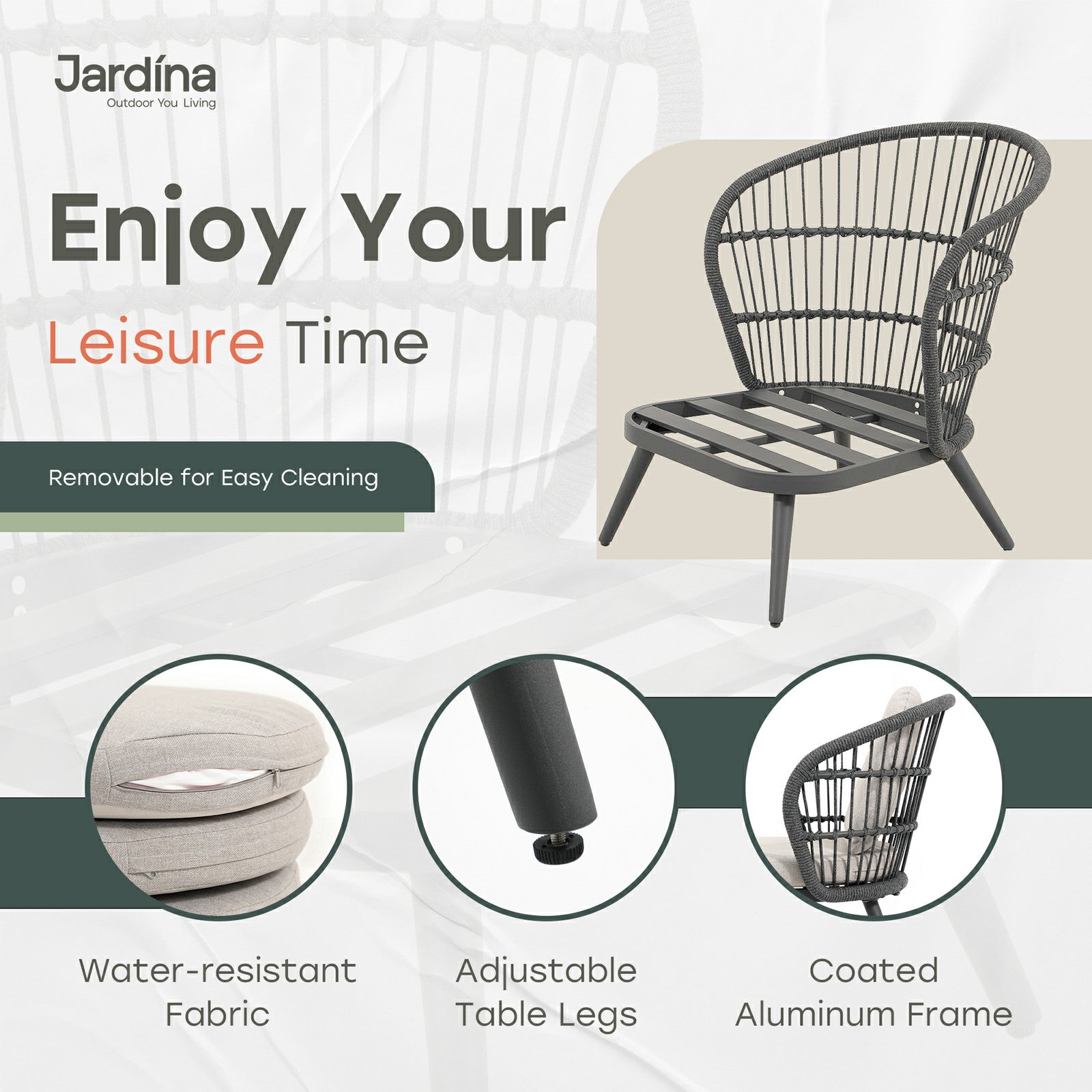 modern grey outdoor chairs with cushion details, aluminum and rope design
