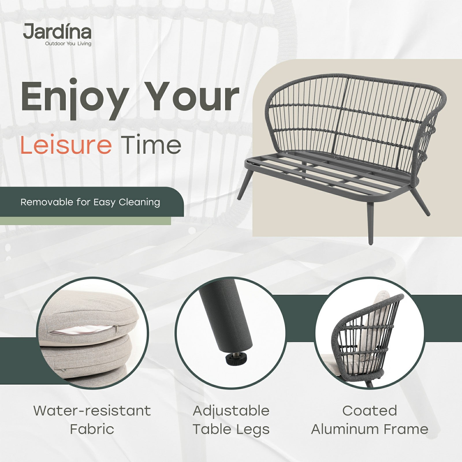 grey modern aluminum outdoor sofa with cushions details