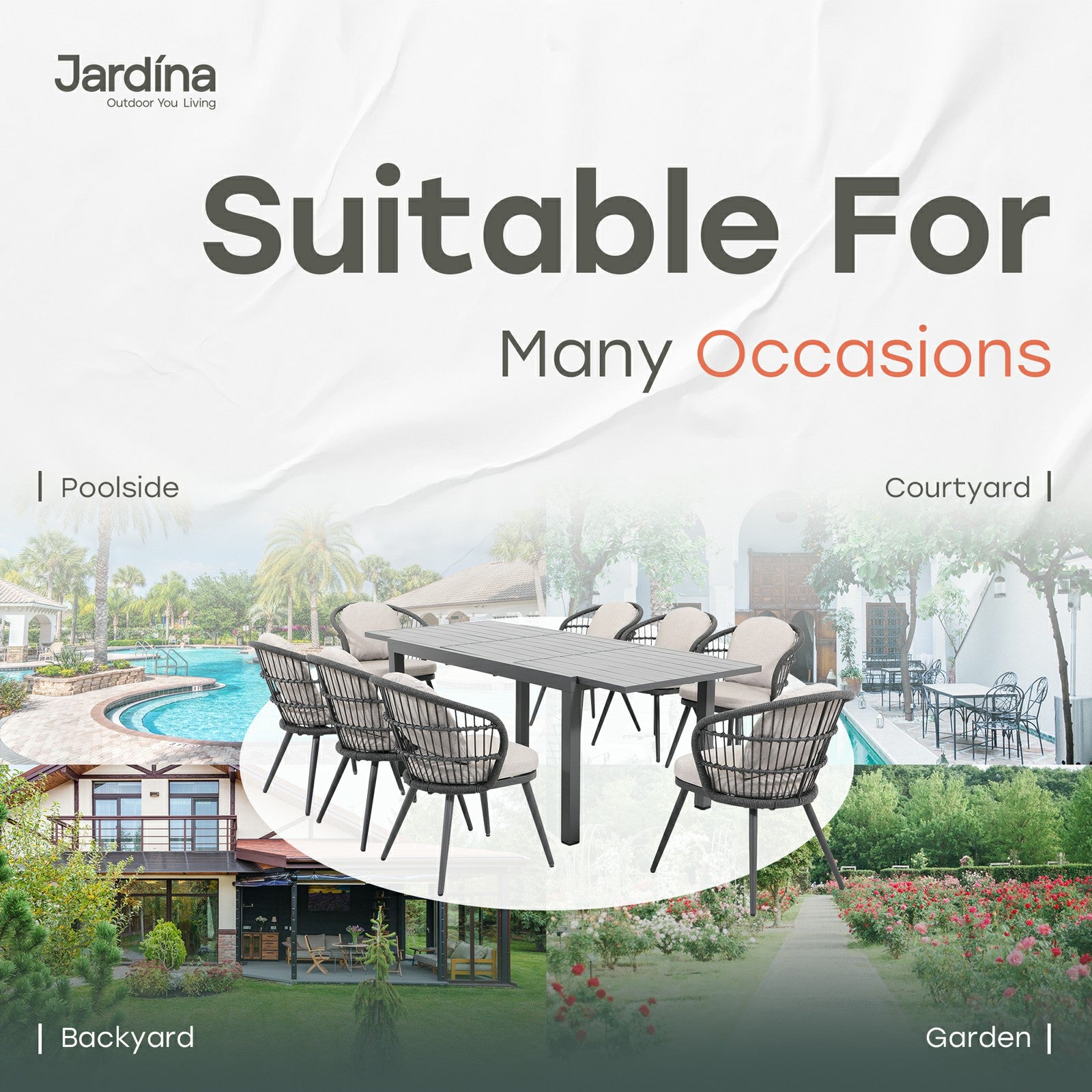 grey modern rope outdoor dining set for 8 for garden and poolside,aluminum frame