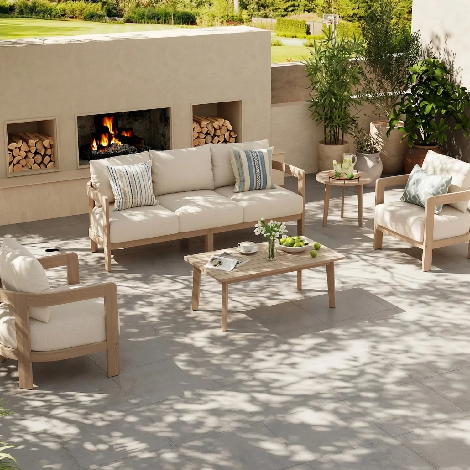 Outdoor patio acacia wooden furniture lounge set, a 3-seat sofa, two lounge chairs and a big coffee table - Jardina Modern Premium Outdoor Patio Furniture Sets