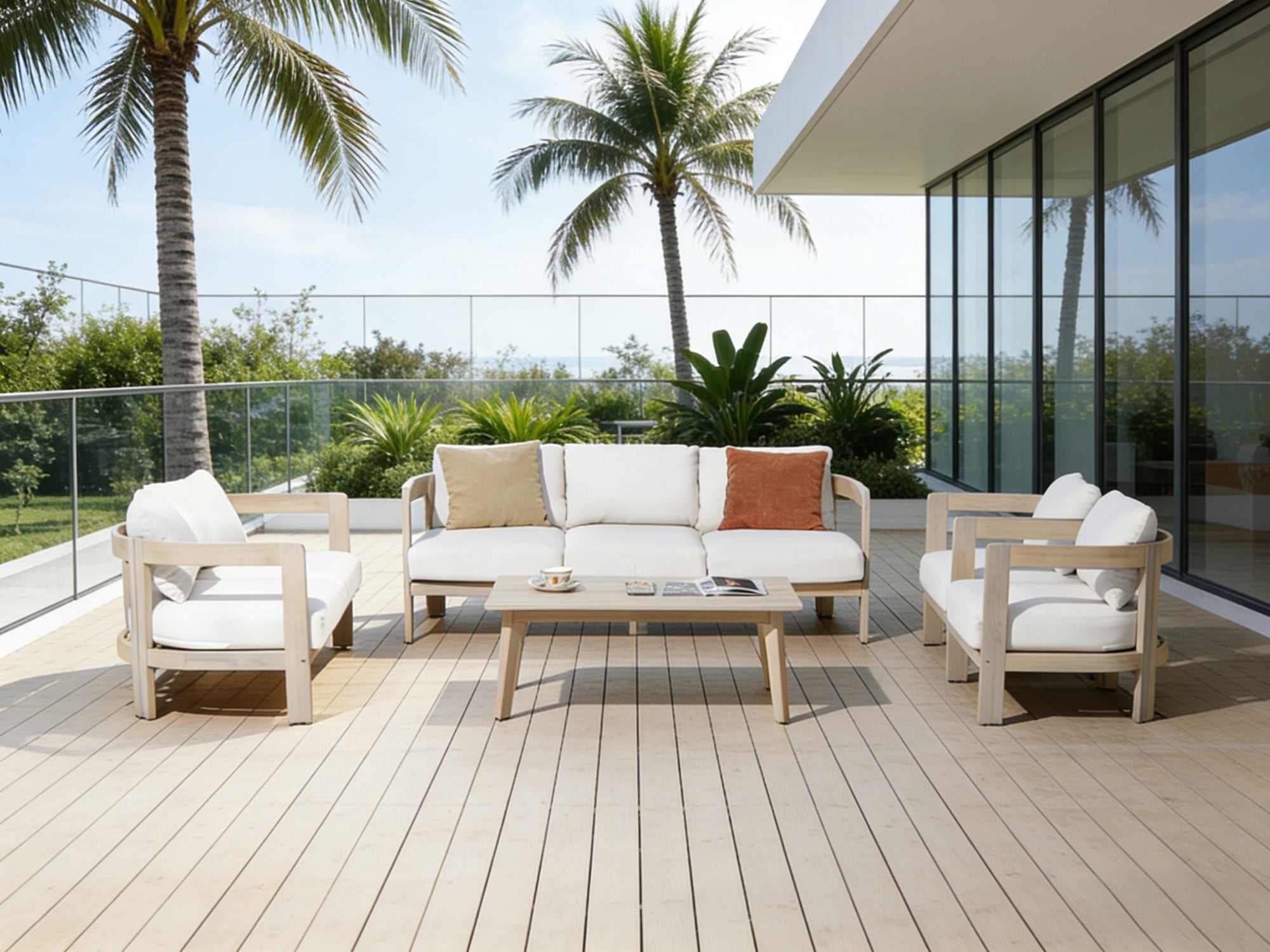 7 seats acacia wood Outdoor patio conversation furniture set with curved sofa and coffee tabe - Jardina Modern Premium Outdoor Patio Furniture Sets