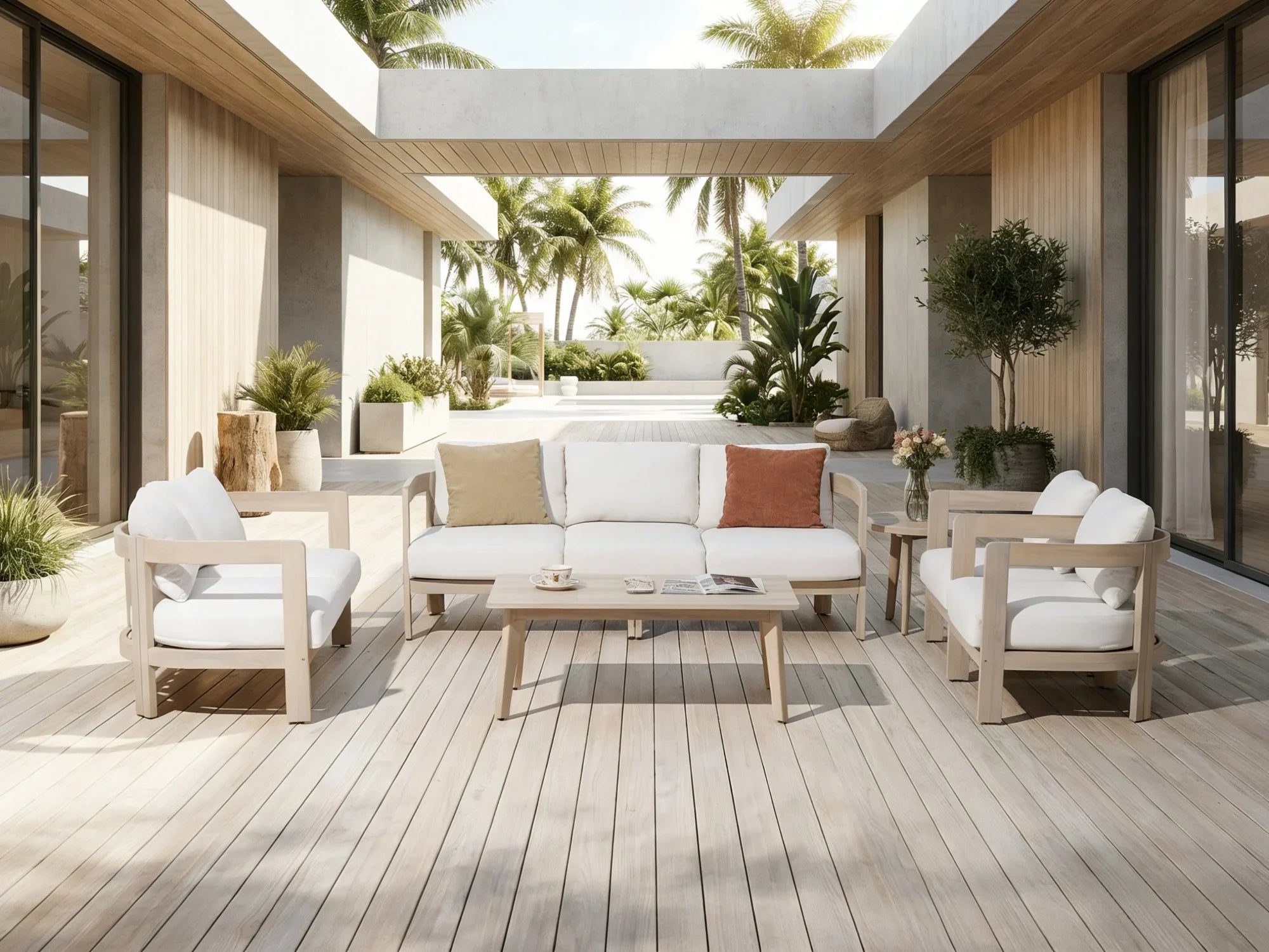 7 seats acacia wood outdoor furniture conversation set with curved design and cushions on a patio - Jardina Modern Premium Outdoor Patio Furniture Sets