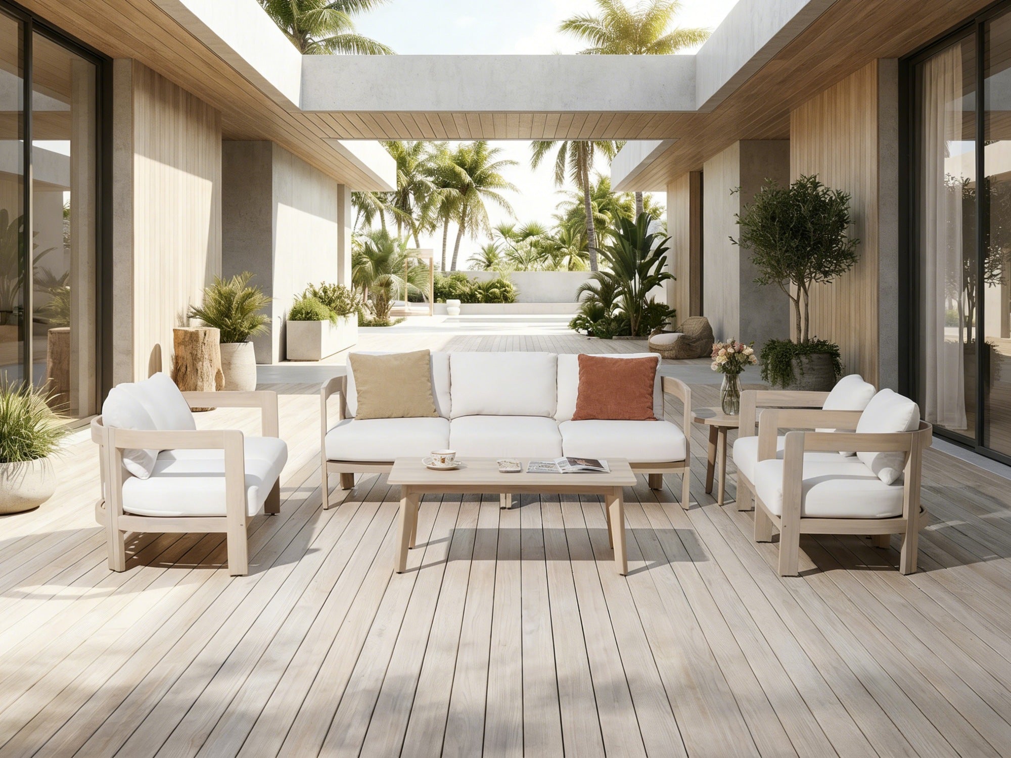 7 seats acacia wood outdoor furniture conversation set with curved design and cushions on a patio - Jardina Modern Premium Outdoor Patio Furniture Sets