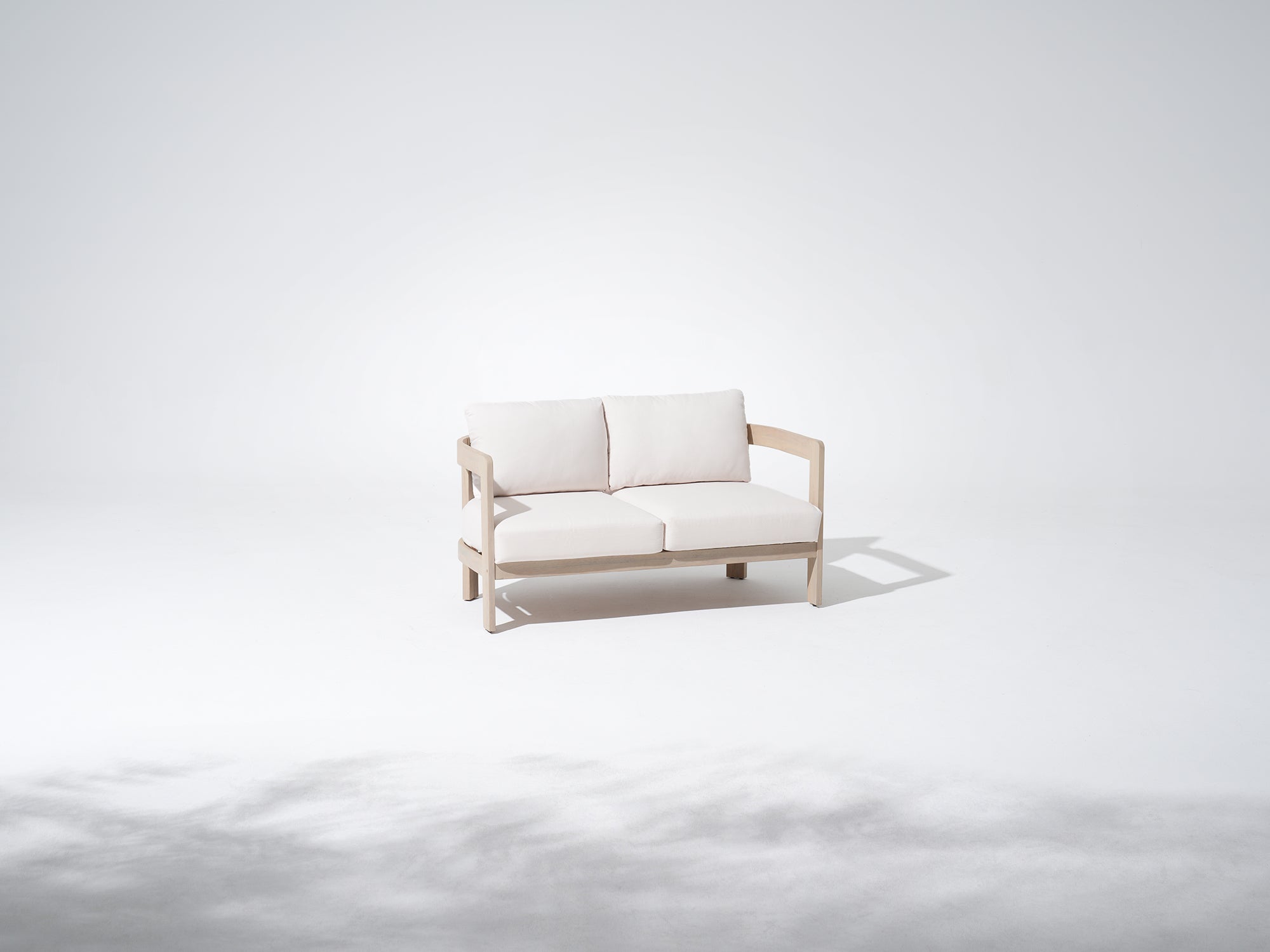 Minimalist acacia wooden loveseat sofa with white cushions - Jardina Modern Premium Outdoor Patio Furniture Sets