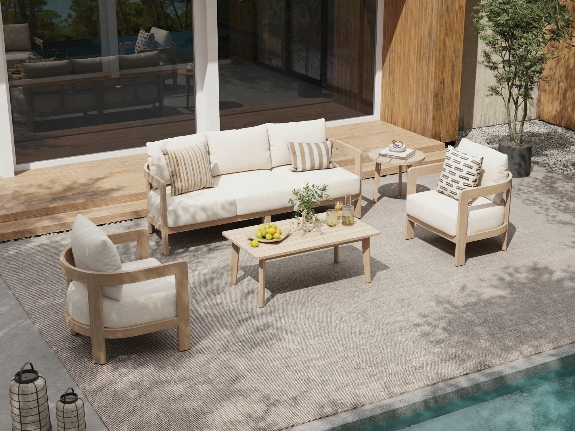 5-seat acacia wood Outdoor patio furniture set with beige cushions and a coffee table - Jardina Modern Premium Outdoor Patio Furniture Sets