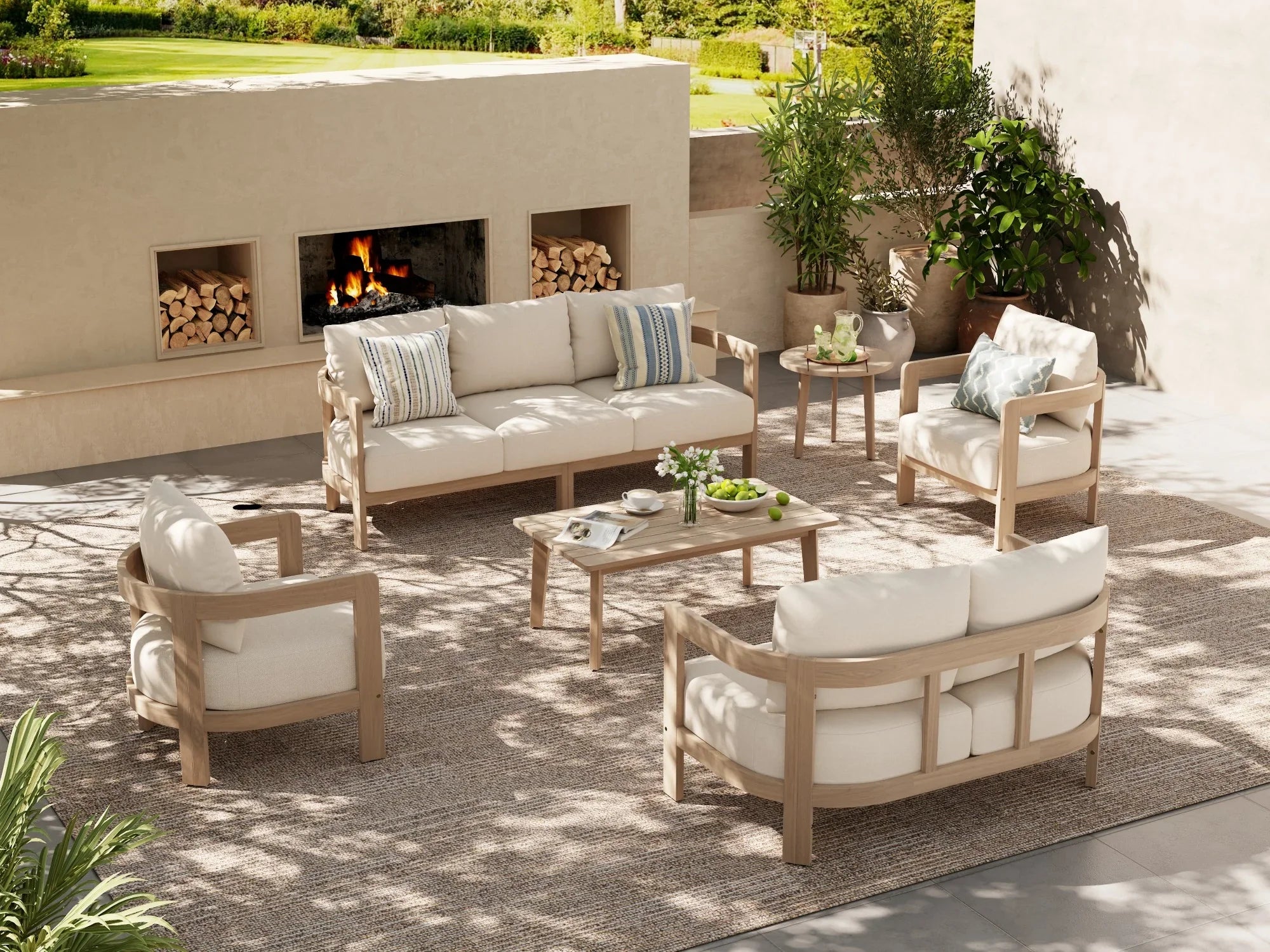 acacia wood Outdoor patio conversation furniture set , curved design sofa and chairs, white cushions and two coffee tables - Jardina Modern Premium Outdoor Patio Furniture Sets