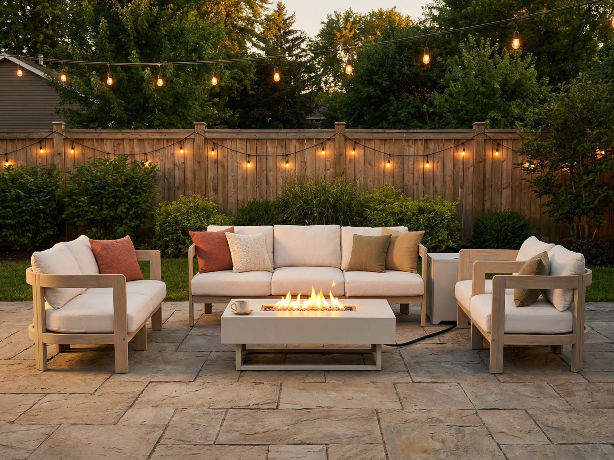 acacia wood Outdoor patio furniture set with fire pit table, chairs, and sofa under string lights - Jardina Modern Premium Outdoor Patio Furniture Sets