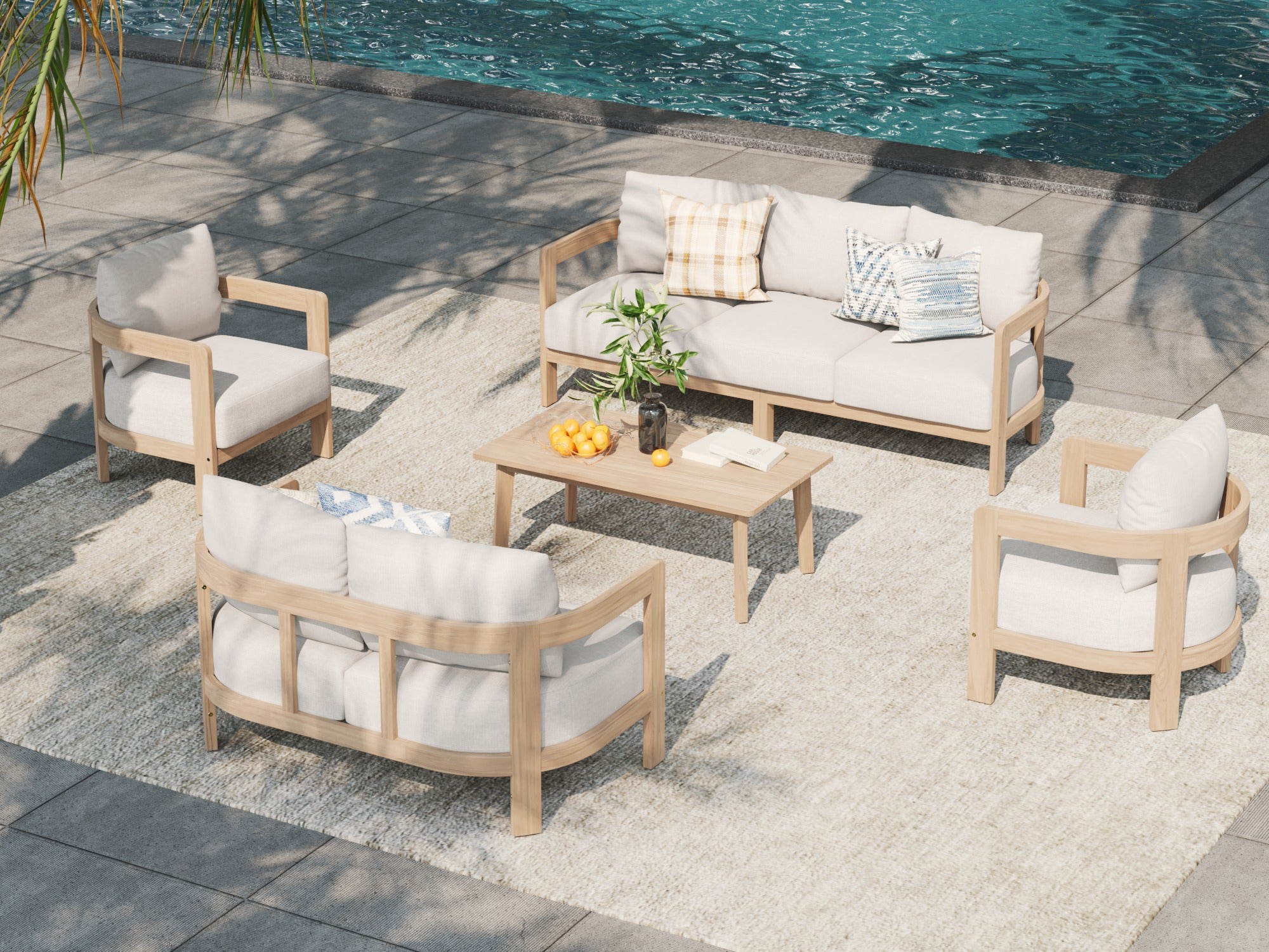 7-seat Outdoor patio furniture conversation set with beige acacia wood frames and white cushions - Jardina Modern Premium Outdoor Patio Furniture Sets