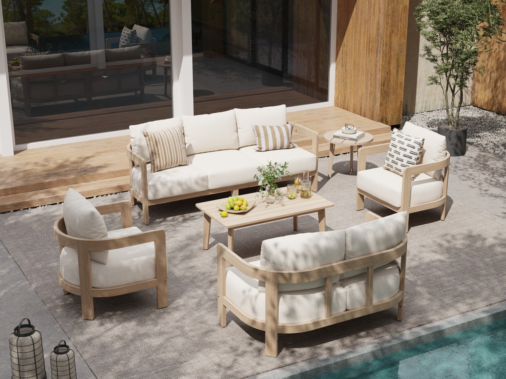7 seats Outdoor patio furniture conversation set with acacia wooden frames and white cushions - Jardina Modern Premium Outdoor Patio Furniture Sets